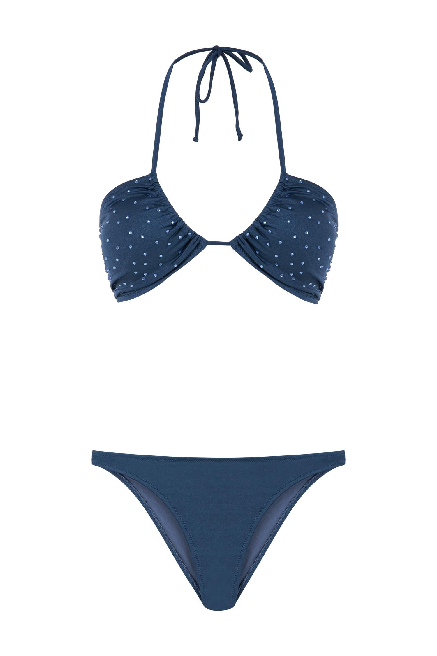 Parlak Taşlı Gipeli Lacivert Halter Bikini Takım