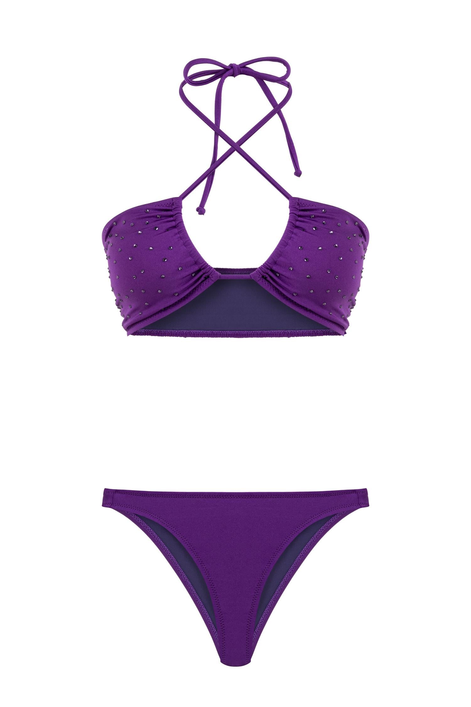 Parlak Taşlı Gipeli Mor Halter Bikini Takım