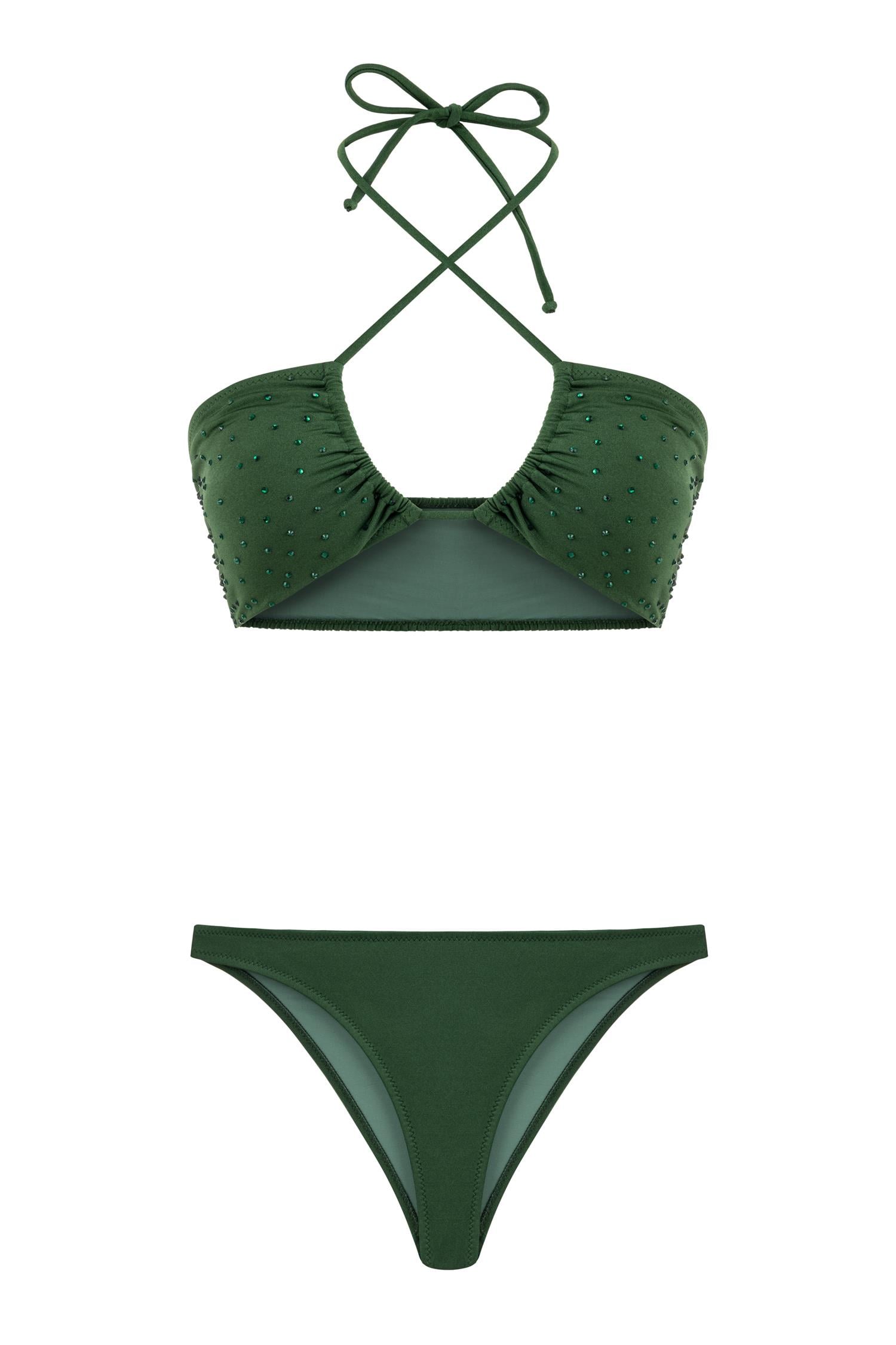 Parlak Taşlı Gipeli Yeşil Halter Bikini Takım