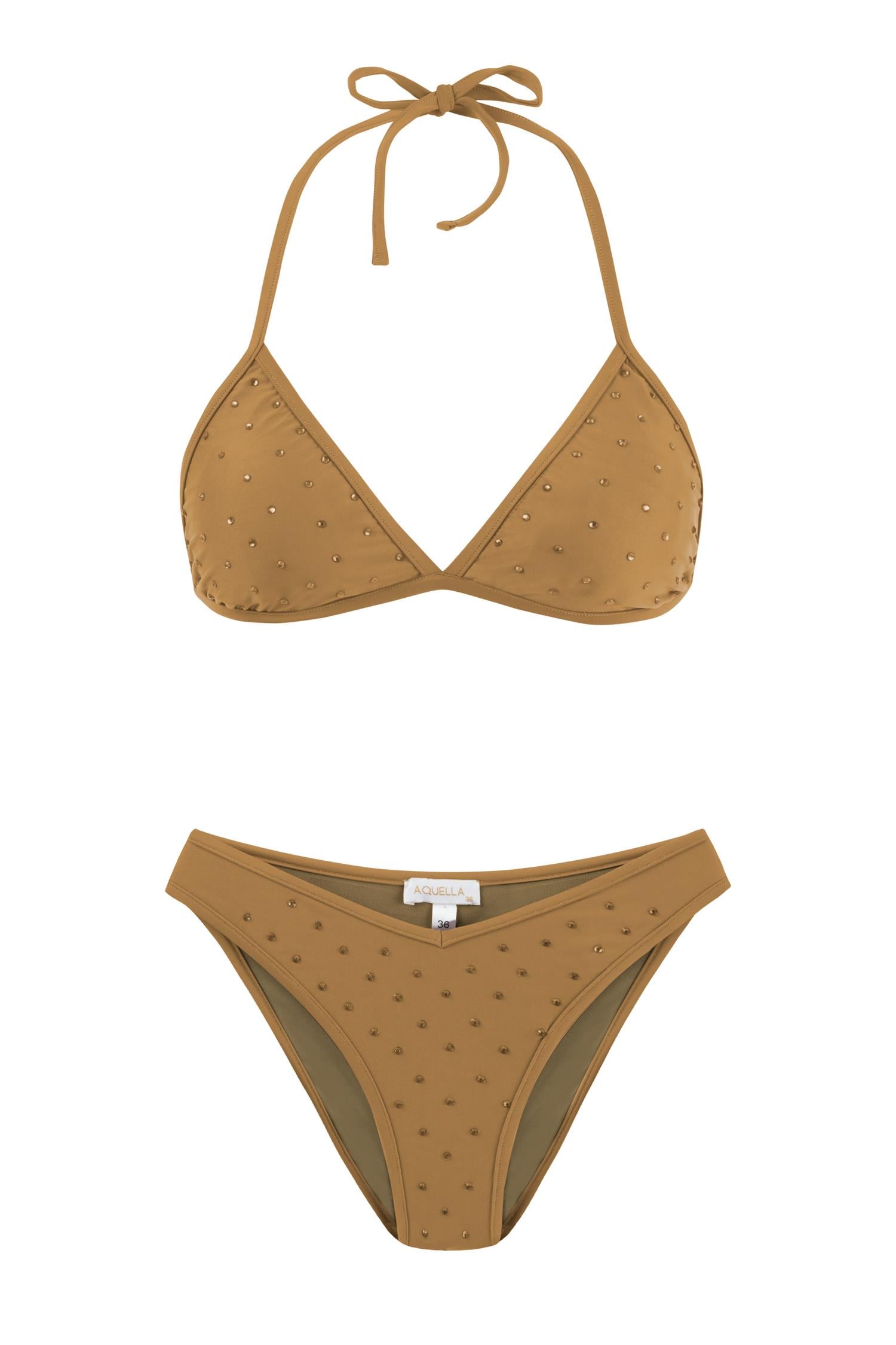 Parlak Taşlı Gold Üçgen Bikini Takım