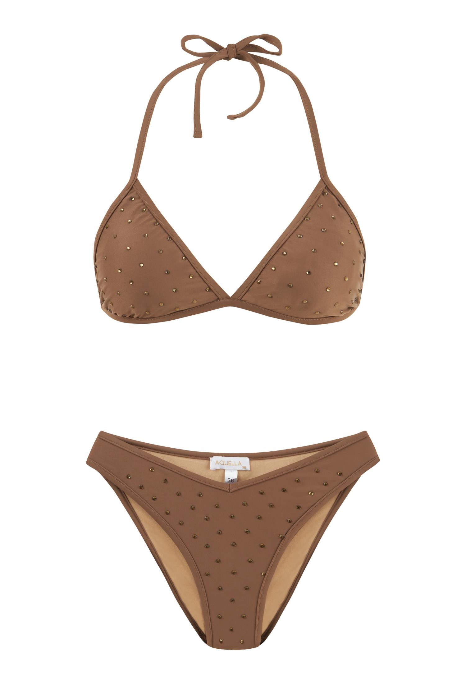 Parlak Taşlı Kahve Üçgen Bikini Takım