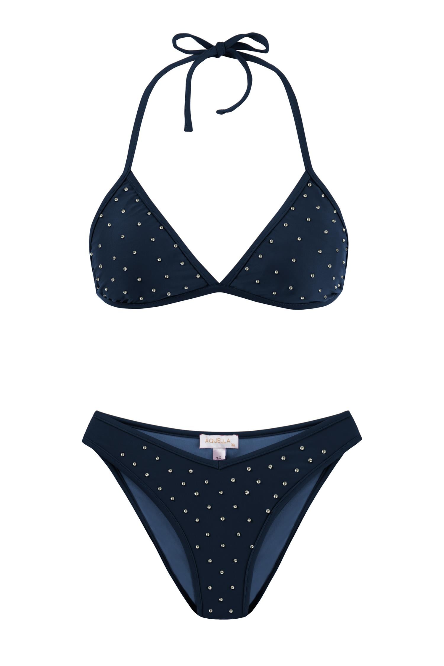 Parlak Taşlı Lacivert Üçgen Bikini Takım