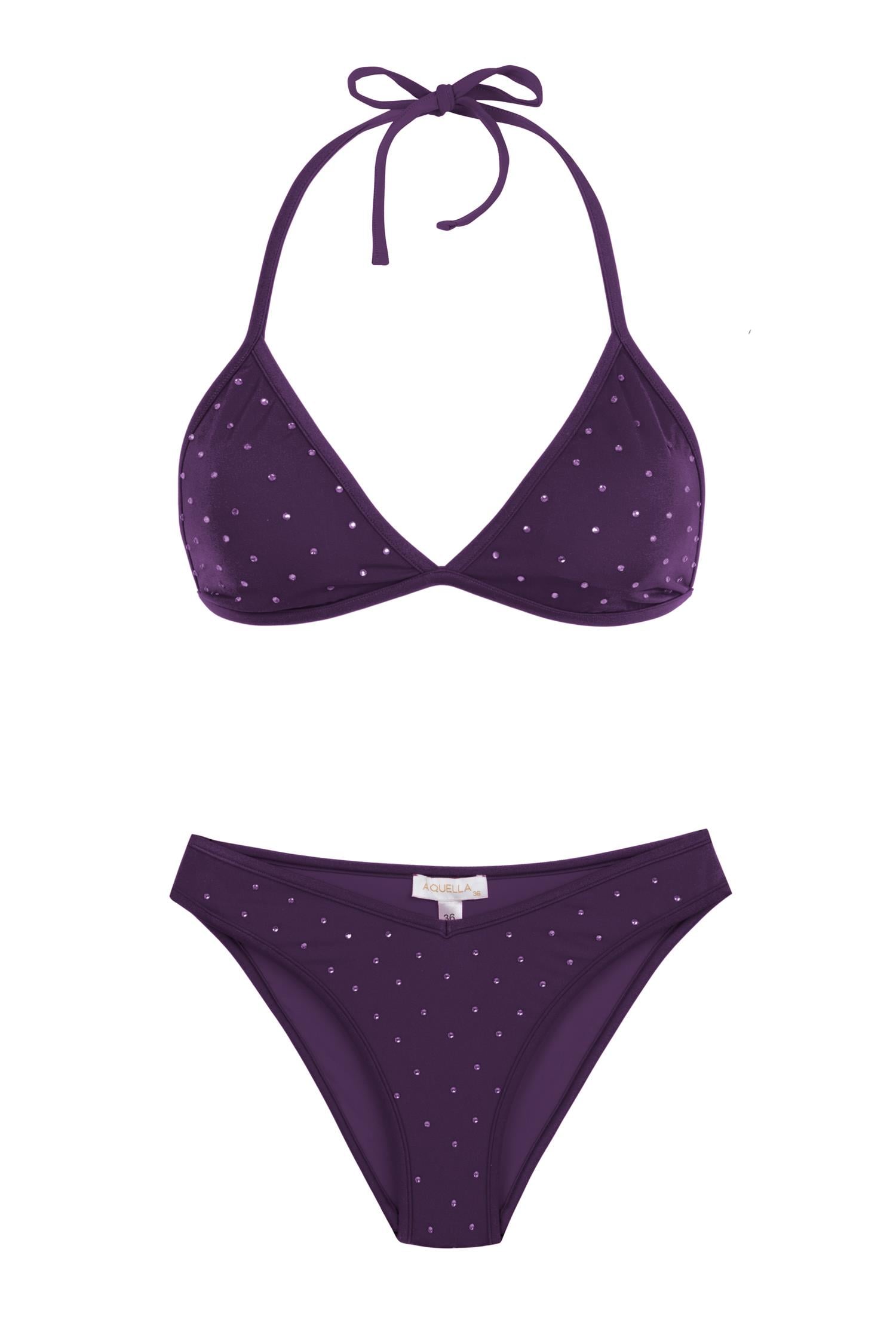 Parlak Taşlı Mor Üçgen Bikini Takım