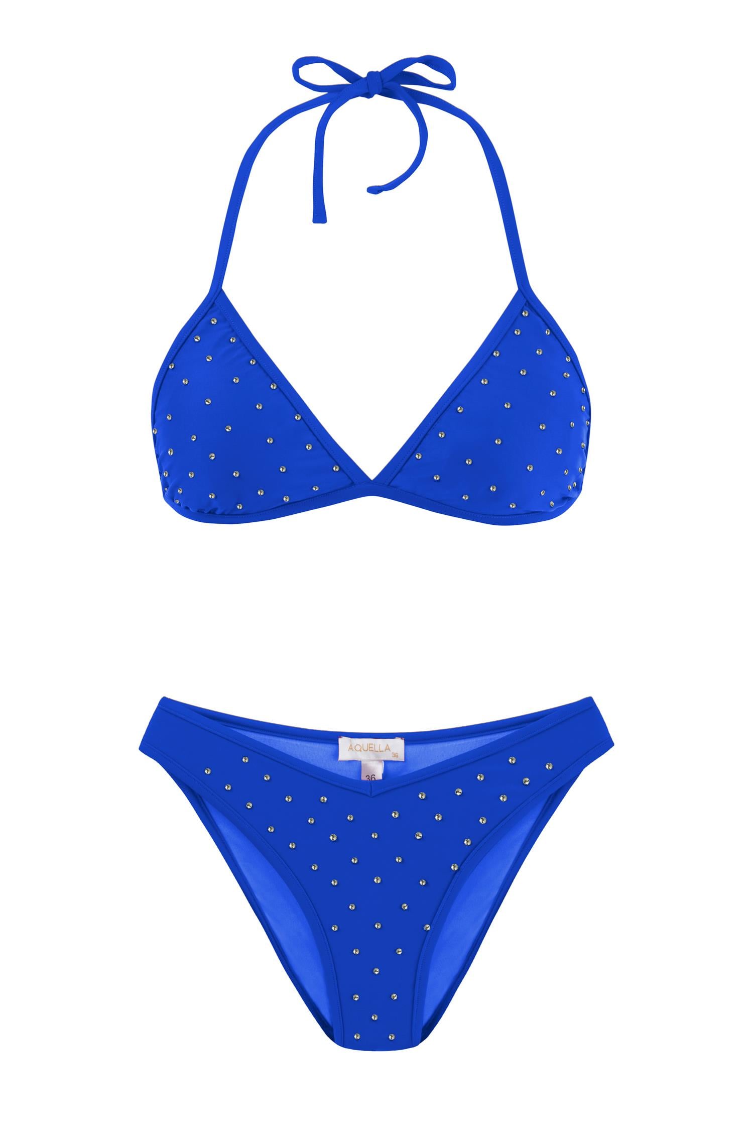 Parlak Taşlı Saks Üçgen Bikini Takım