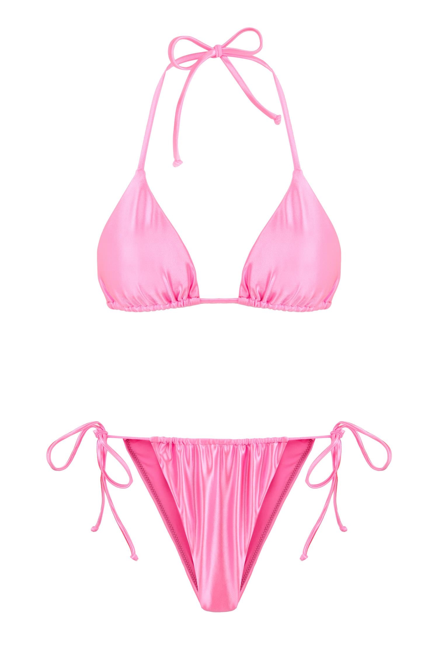 Pembe Parlak Üçgen Bikini Takım