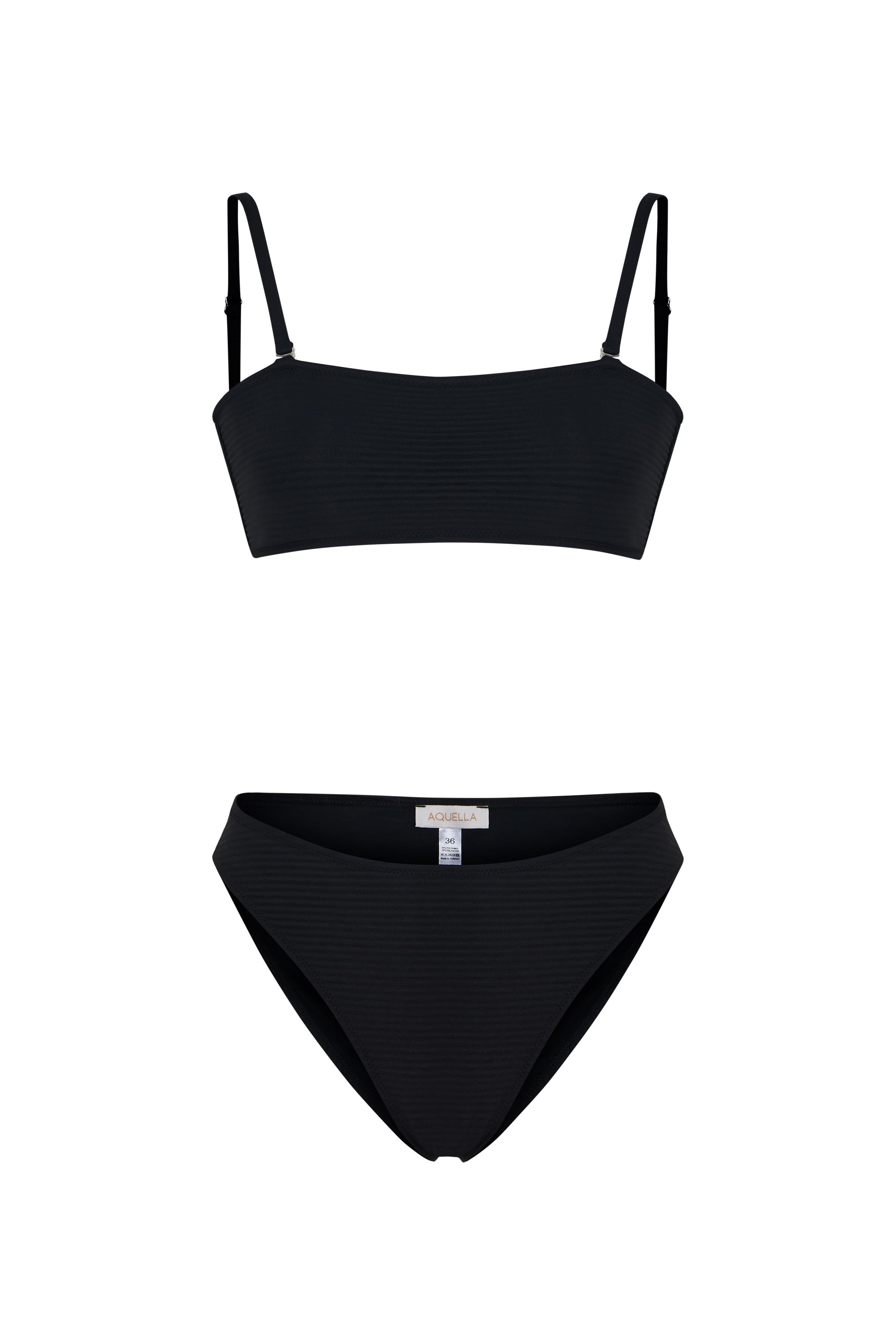 Pileli Siyah Büstiyer Bikini Takım