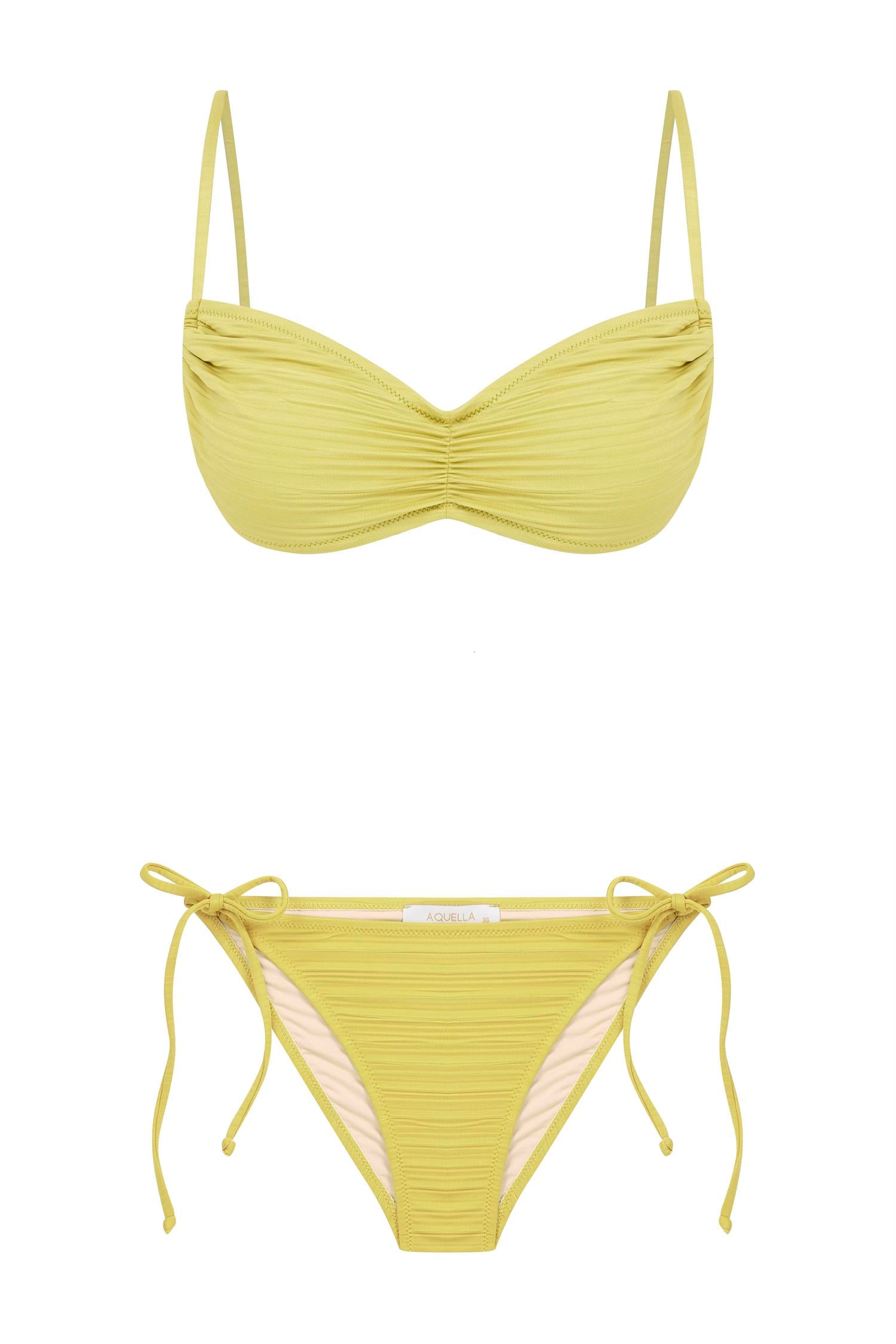 Piliseli Misket Yeşili Büzgülü Straplez Bikini Takım