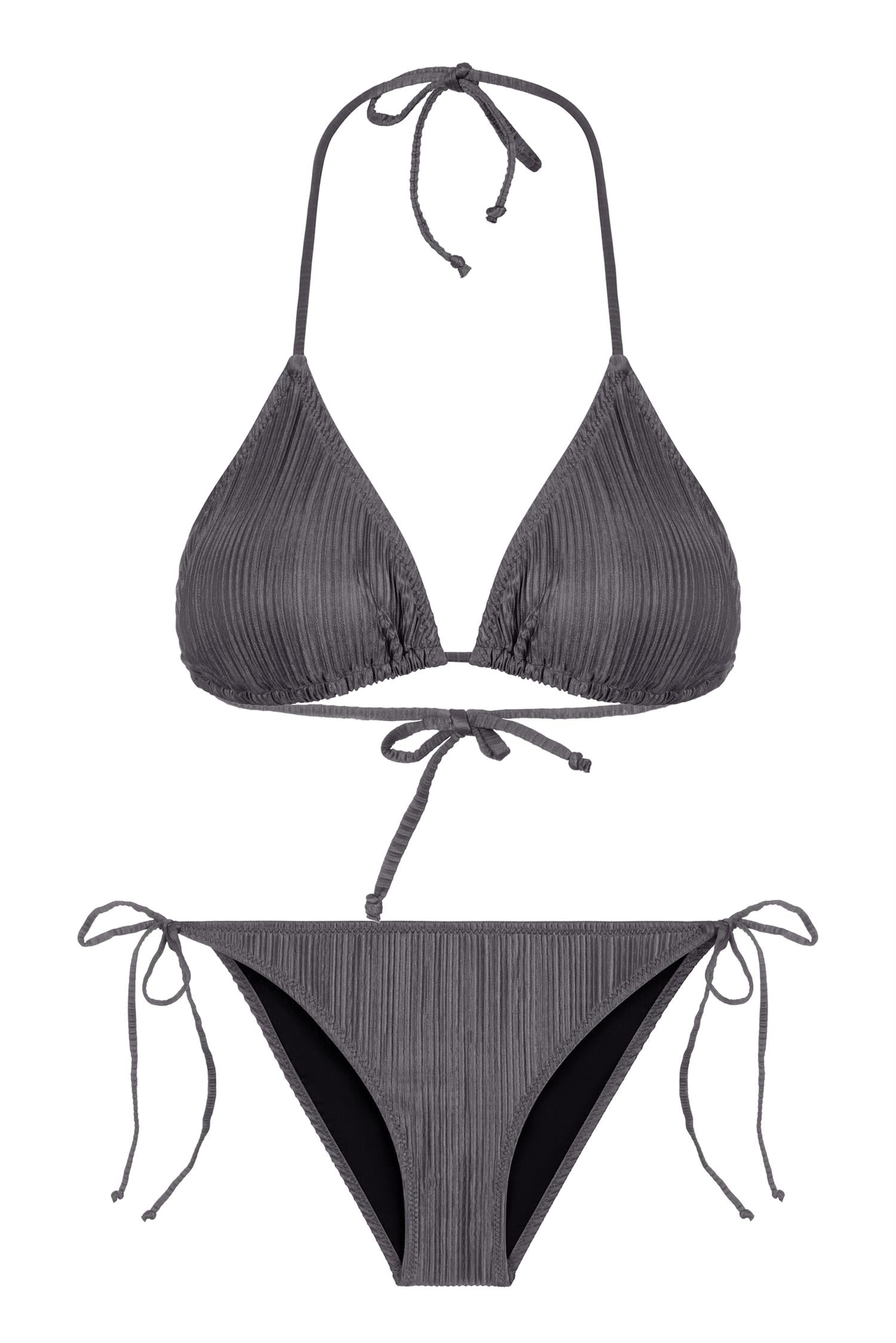 Piliseli Saten Antrasit Üçgen Bikini Takım