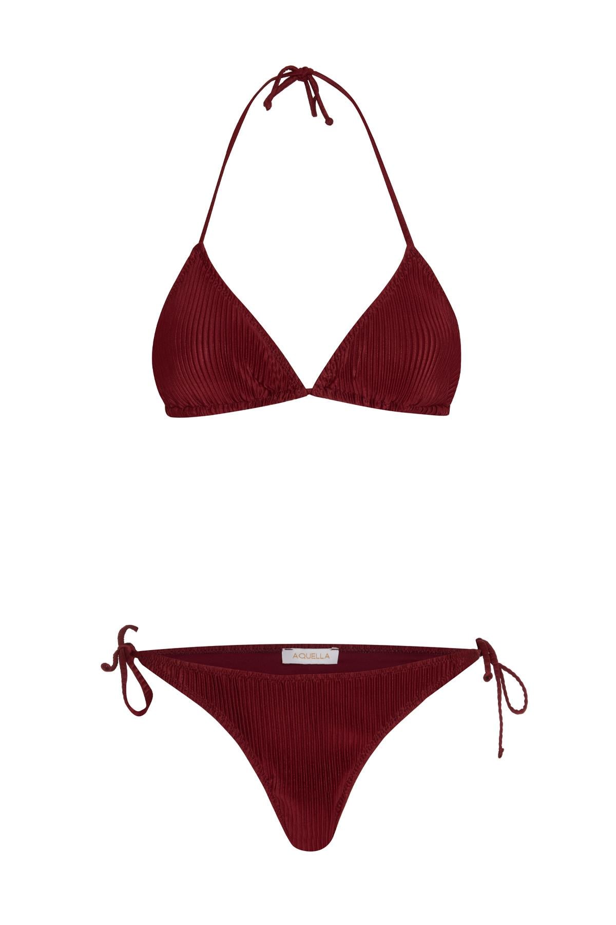 Piliseli Saten Bordo Üçgen Bikini Takım