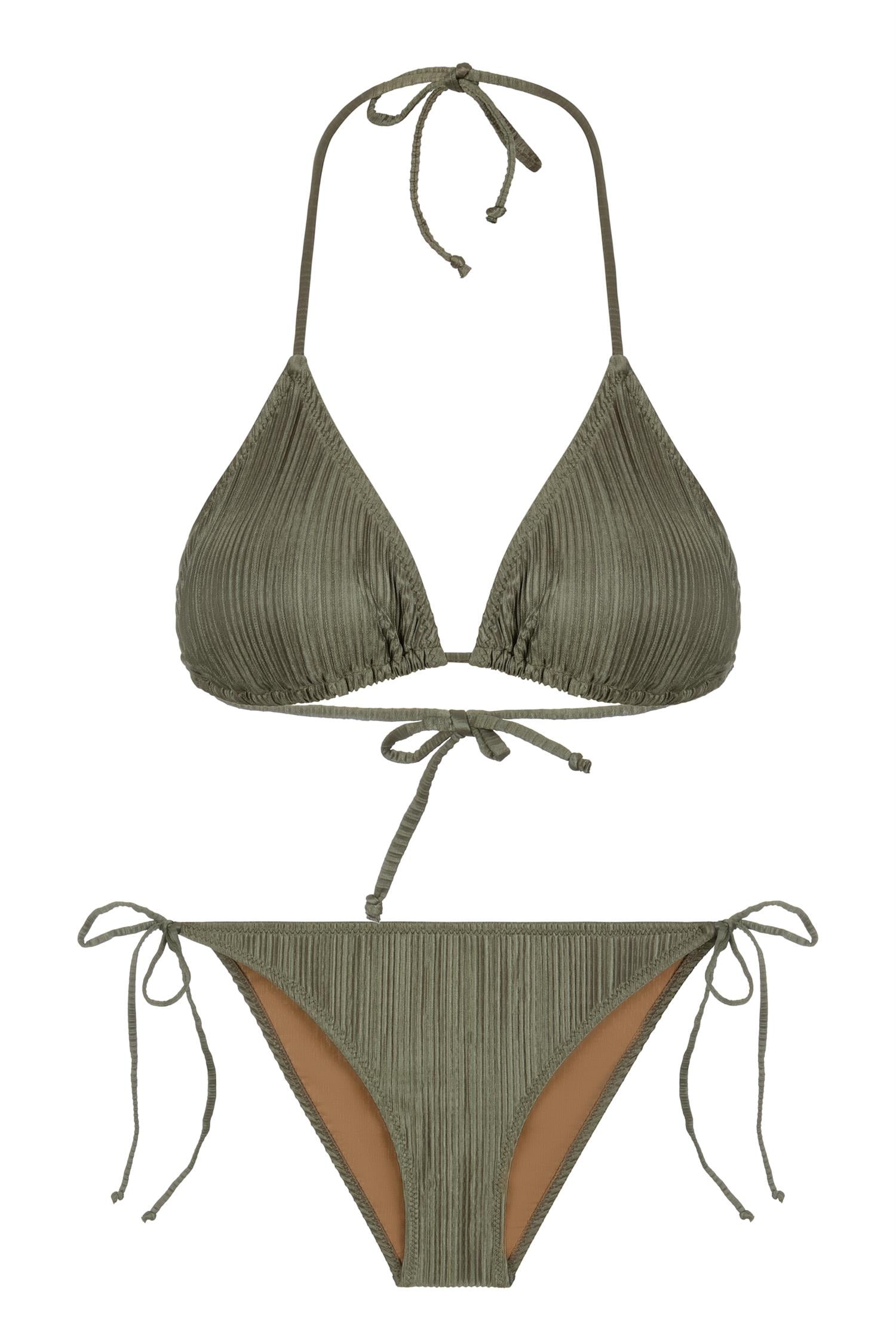 Piliseli Saten Haki Üçgen Bikini Takım