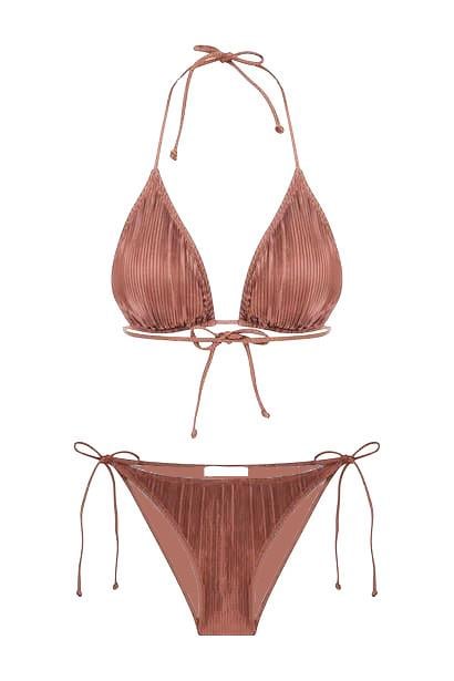 Piliseli Saten Kahve Üçgen Bikini Takım-