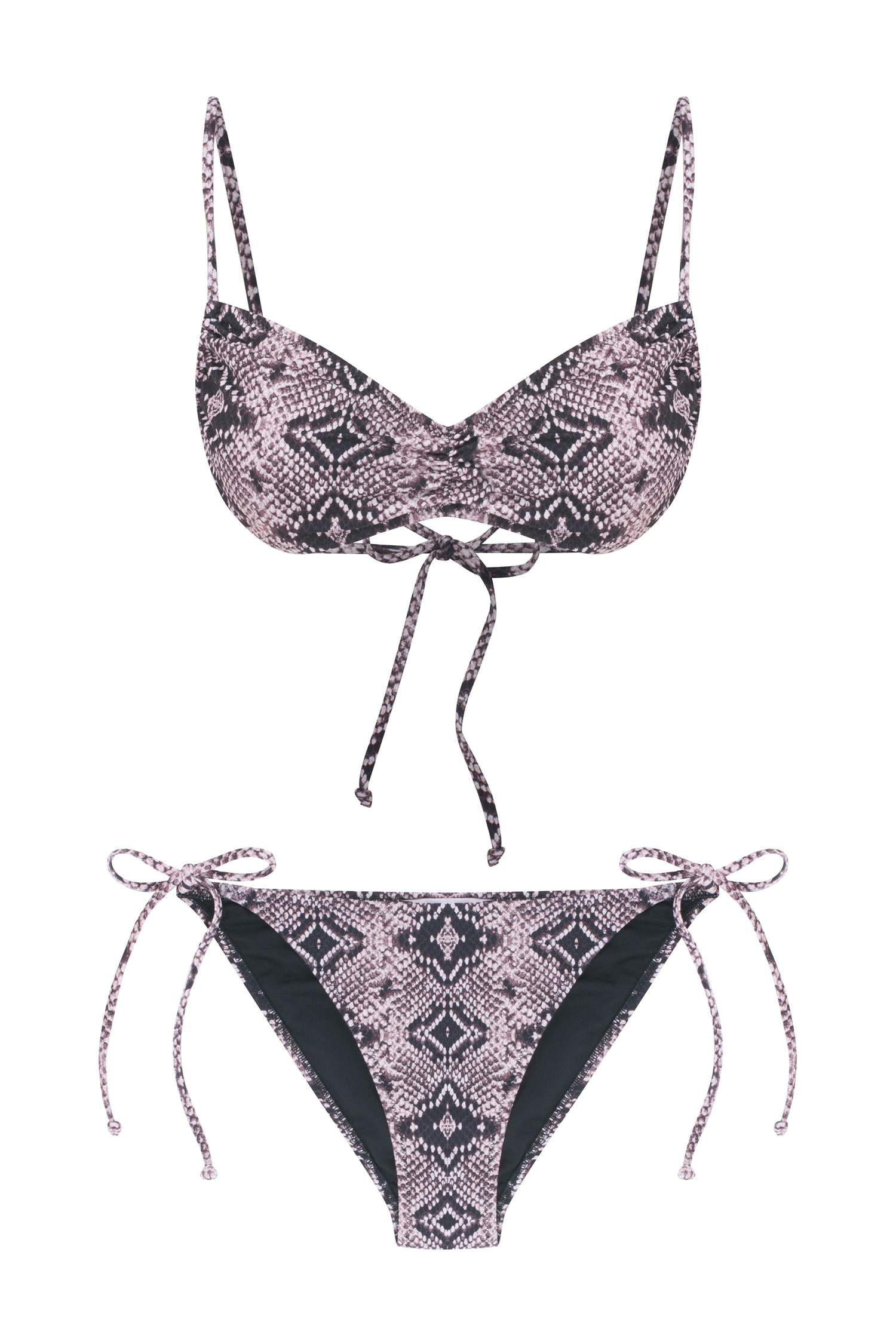 Piton Desenli Büzgülü Büstiyer Bikini Takım
