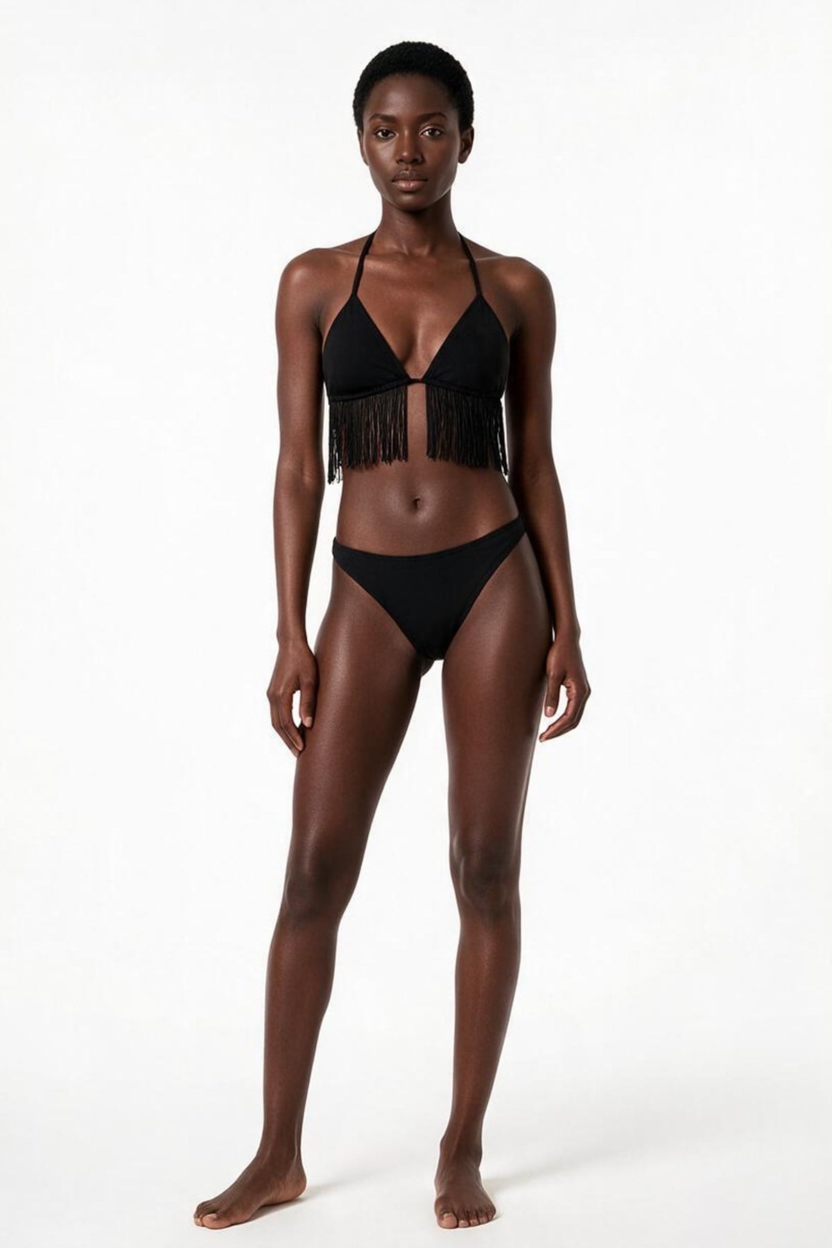 Püsküllü Siyah Üçgen Bikini