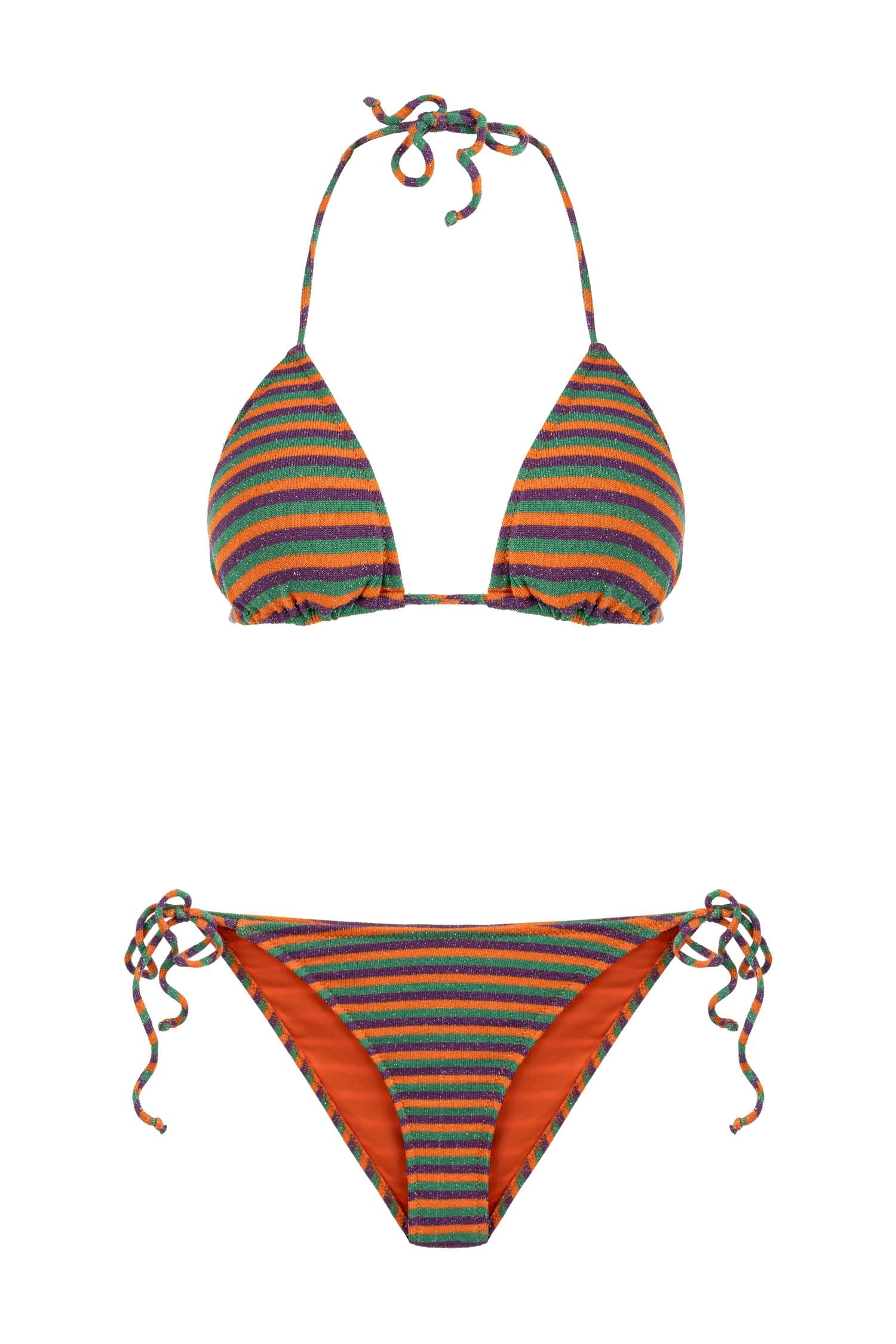 Renkli Çizgili Simli Üçgen Bikini Takım