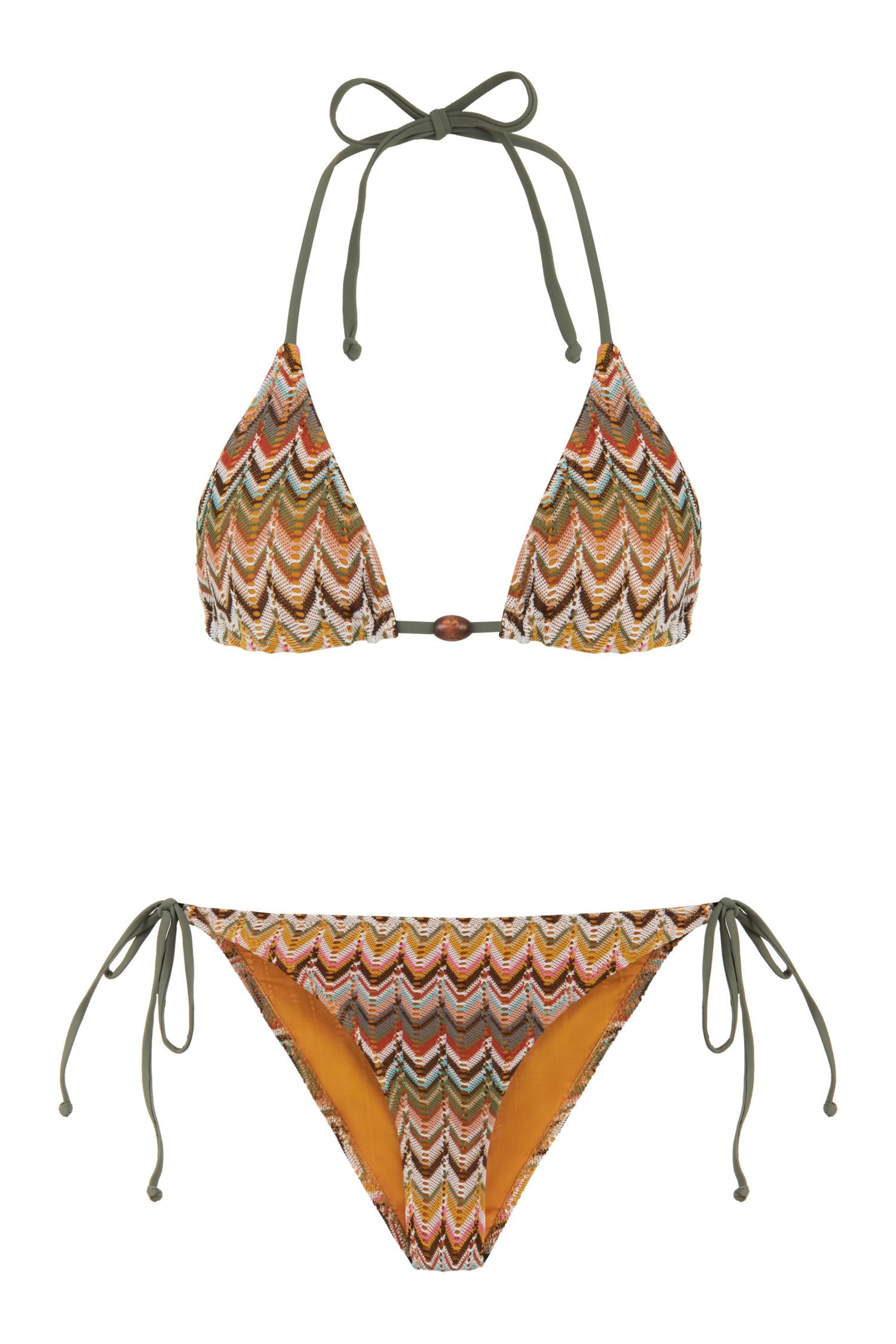 Renkli Desenli Triko Üçgen Bikini Takım