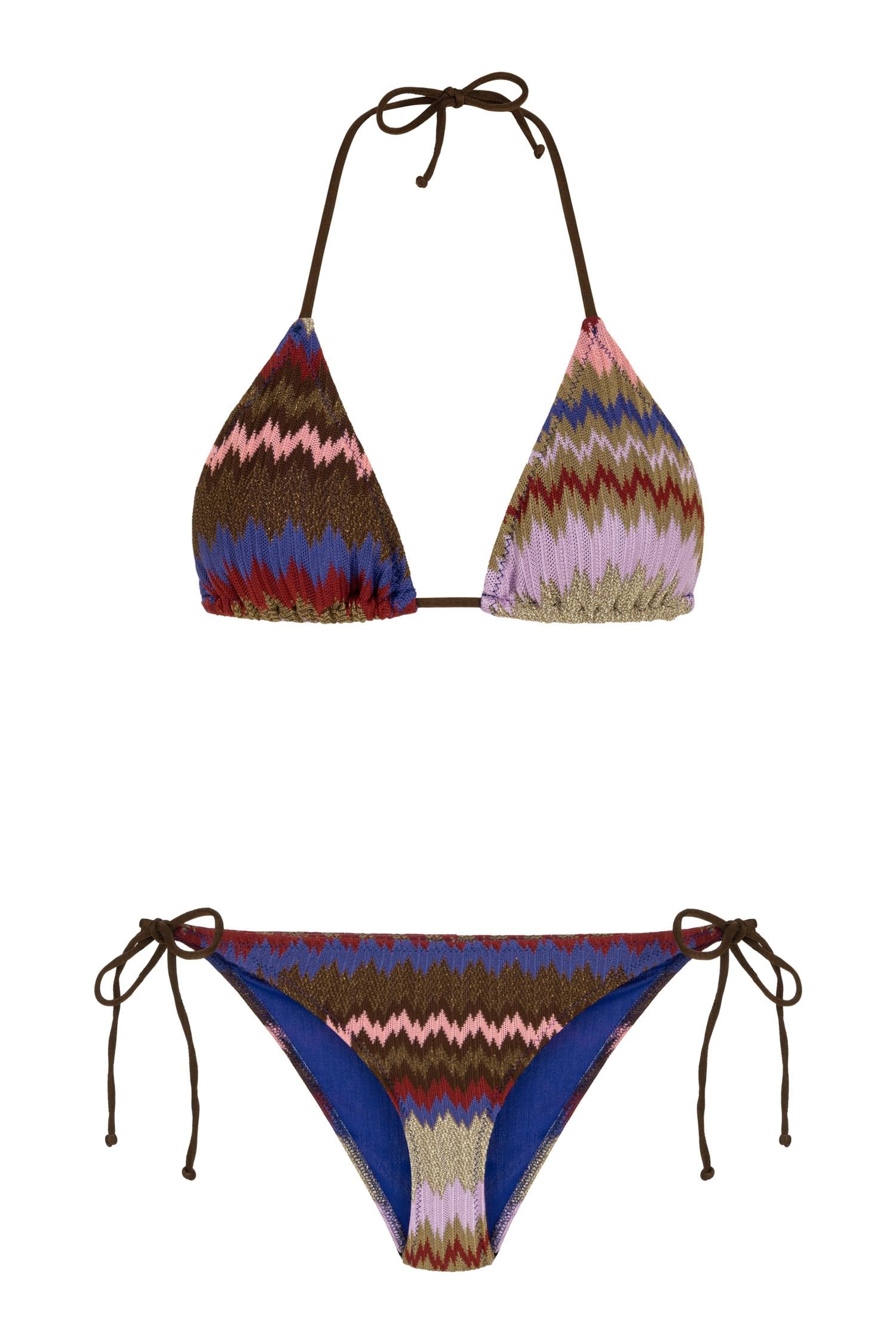 Renkli Simli Triko Üçgen Bikini Takım