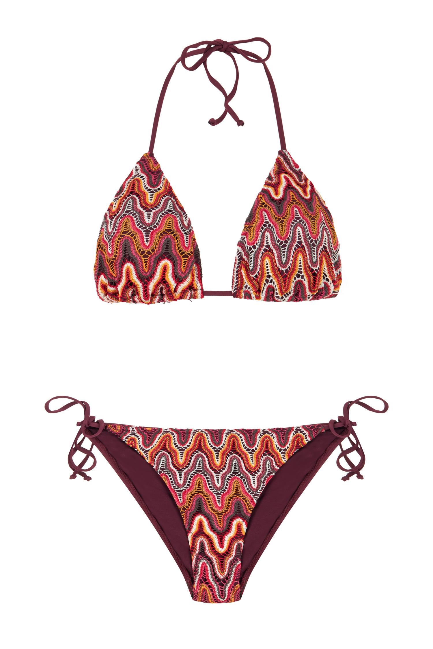Renkli Triko Arkası Büzgülü Üçgen Bikini Takım