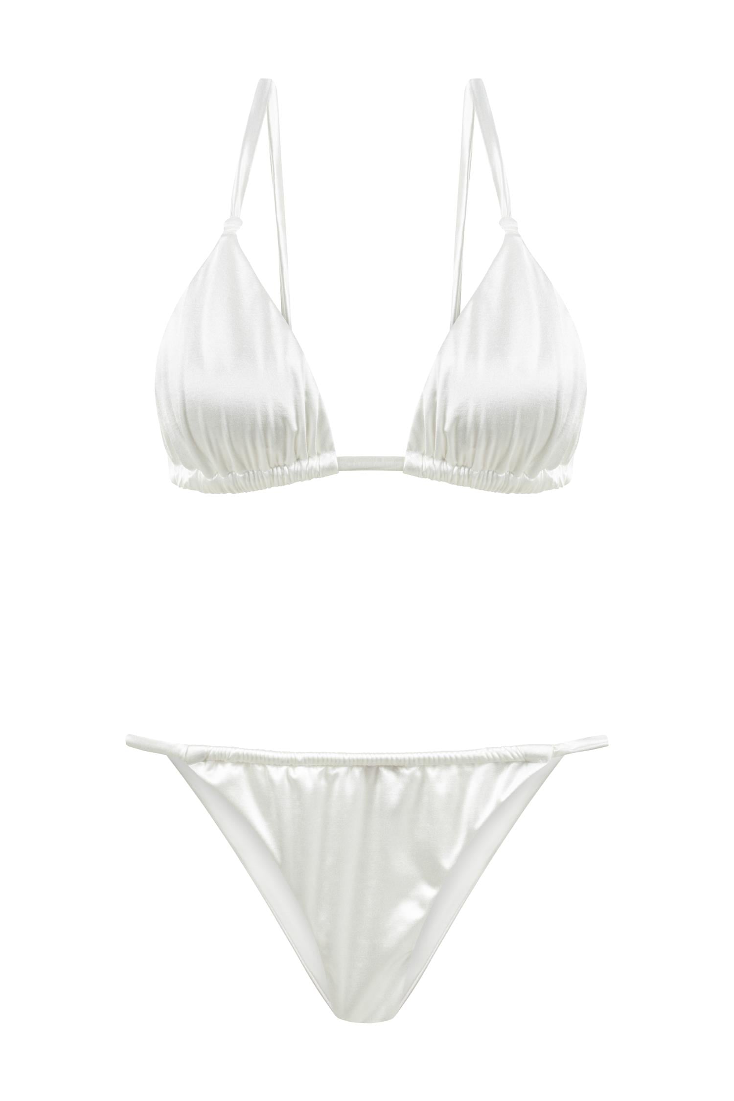 Saten Düğümlü Beyaz Üçgen Bikini Takım