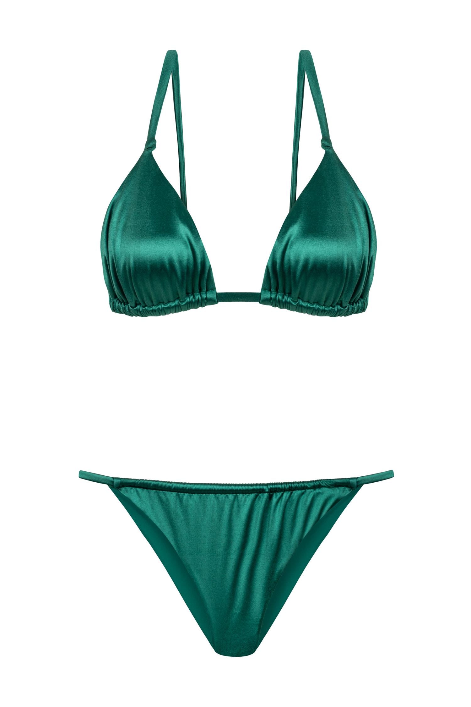 Saten Düğümlü Yeşil Üçgen Bikini Takım