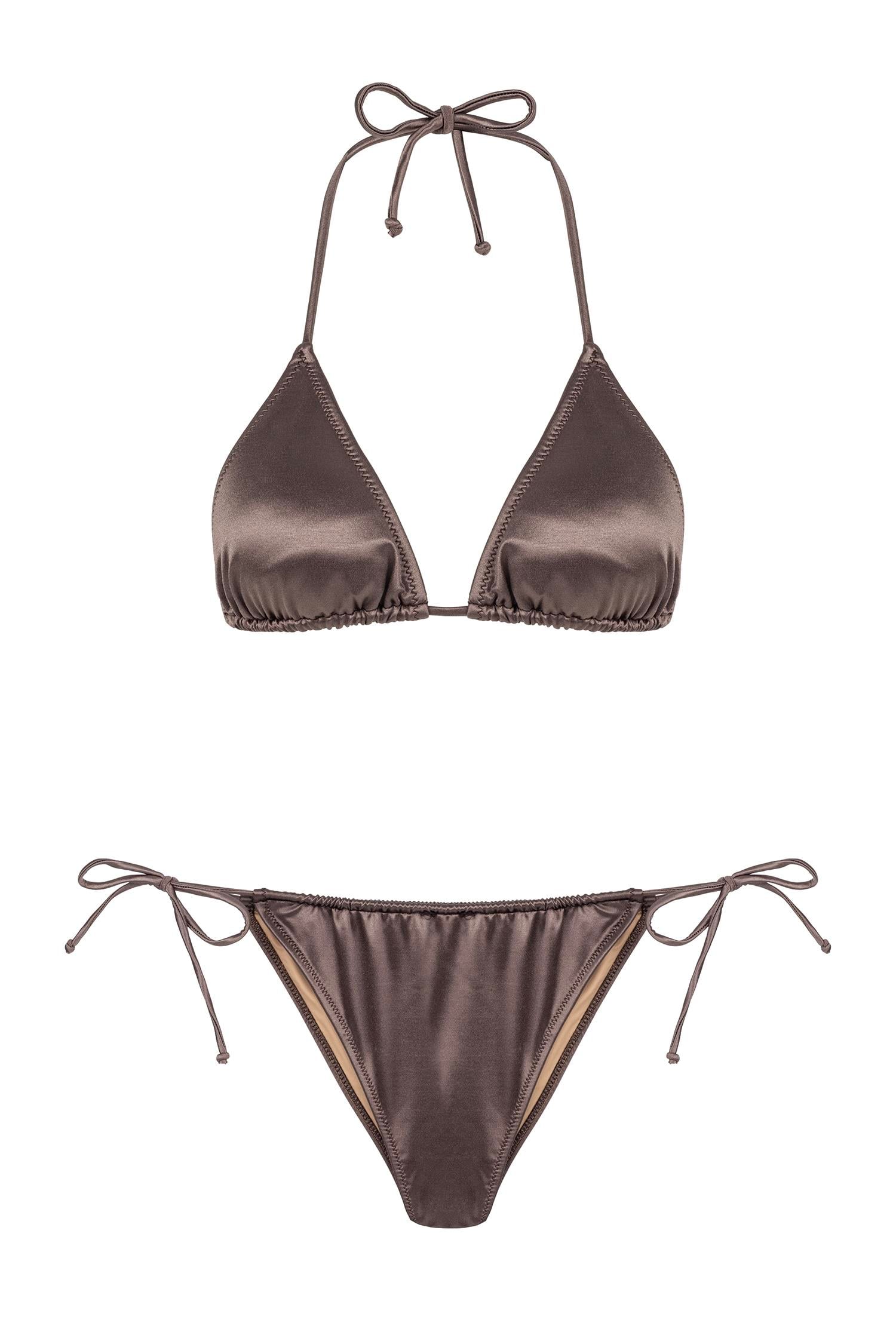 Saten Kahve Üçgen Bikini Takım