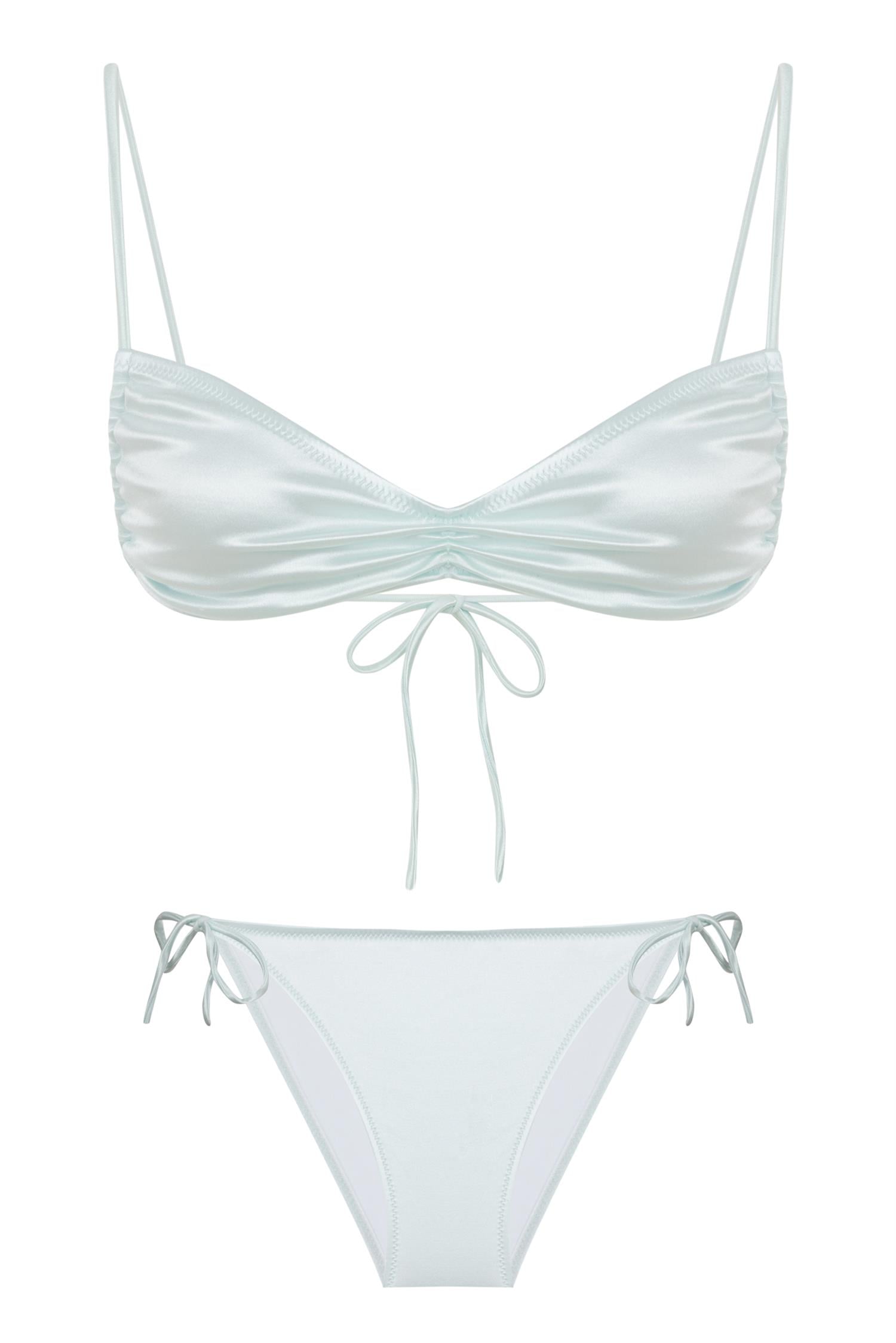 Saten Mint Yeşil Büzgülü Büstiyer Bikini Takım