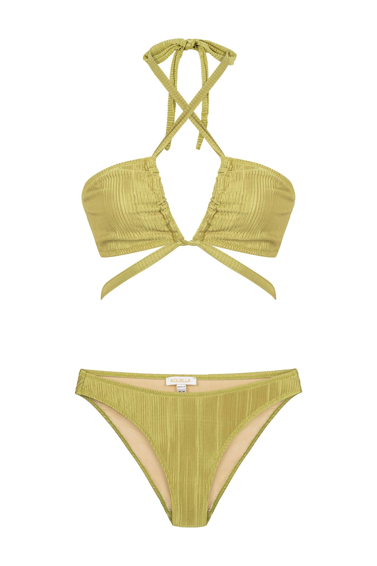 Saten Piliseli Neon Yeşil Straplez Bikini Takım