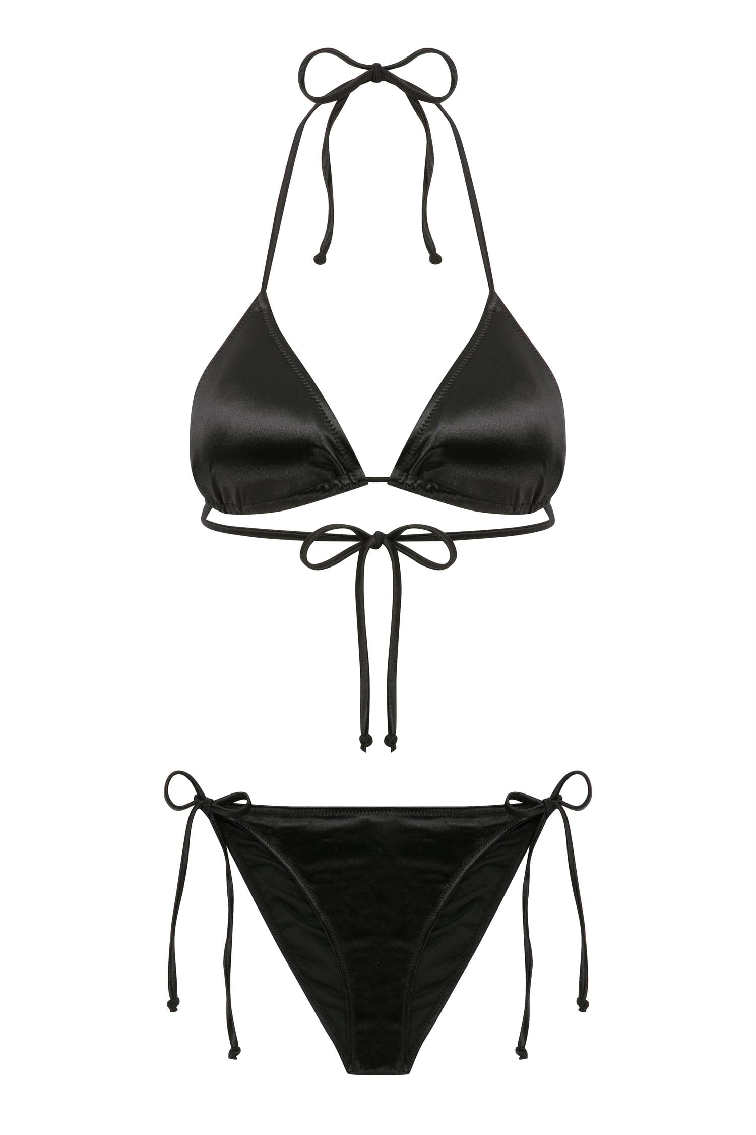 Saten Üçgen Siyah Bikini Takım
