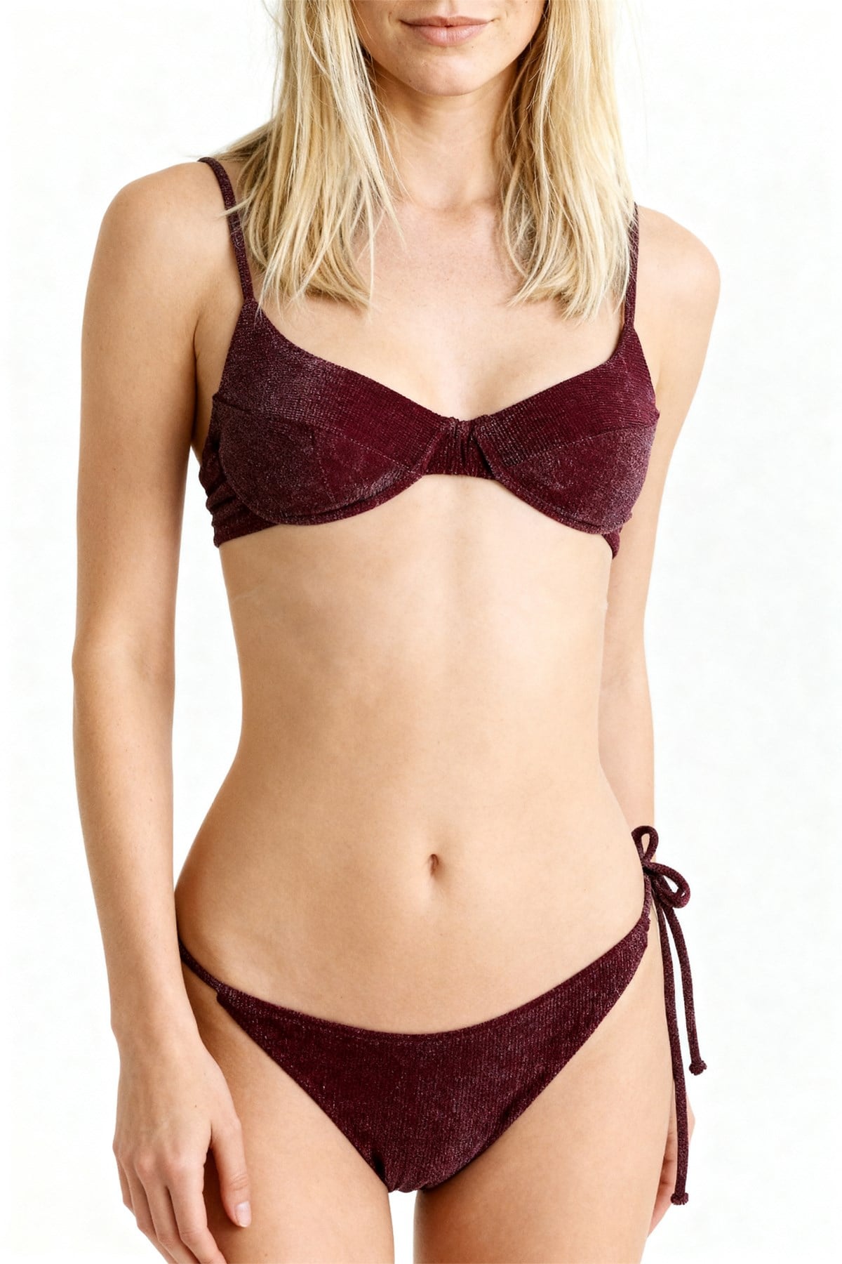 Simli Bordo Balenli Bikini Takım
