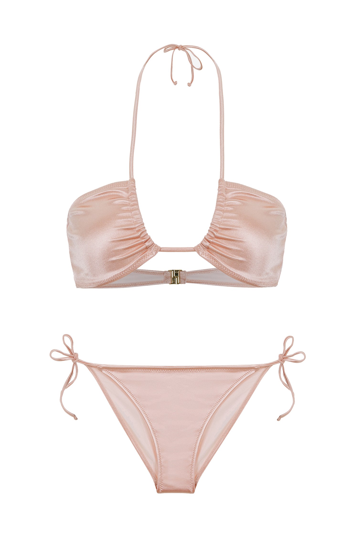 Straplez Bej Halter Bikini Takım