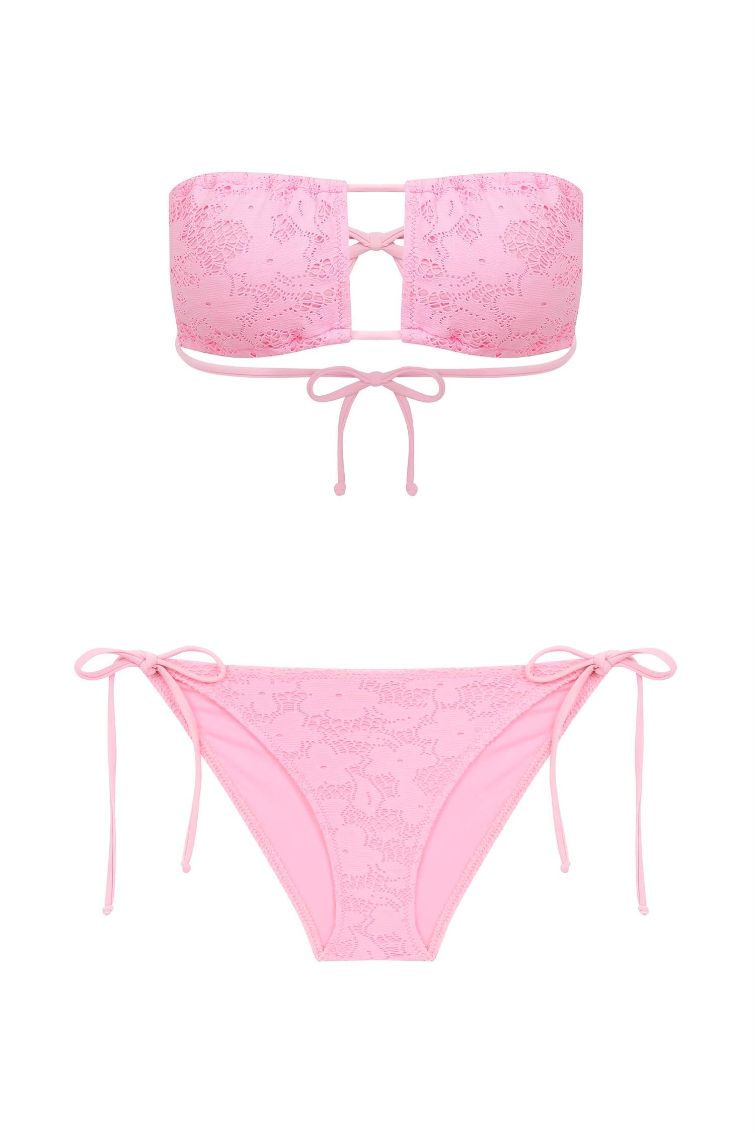 Straplez Neon Pembe File Bikini Takım