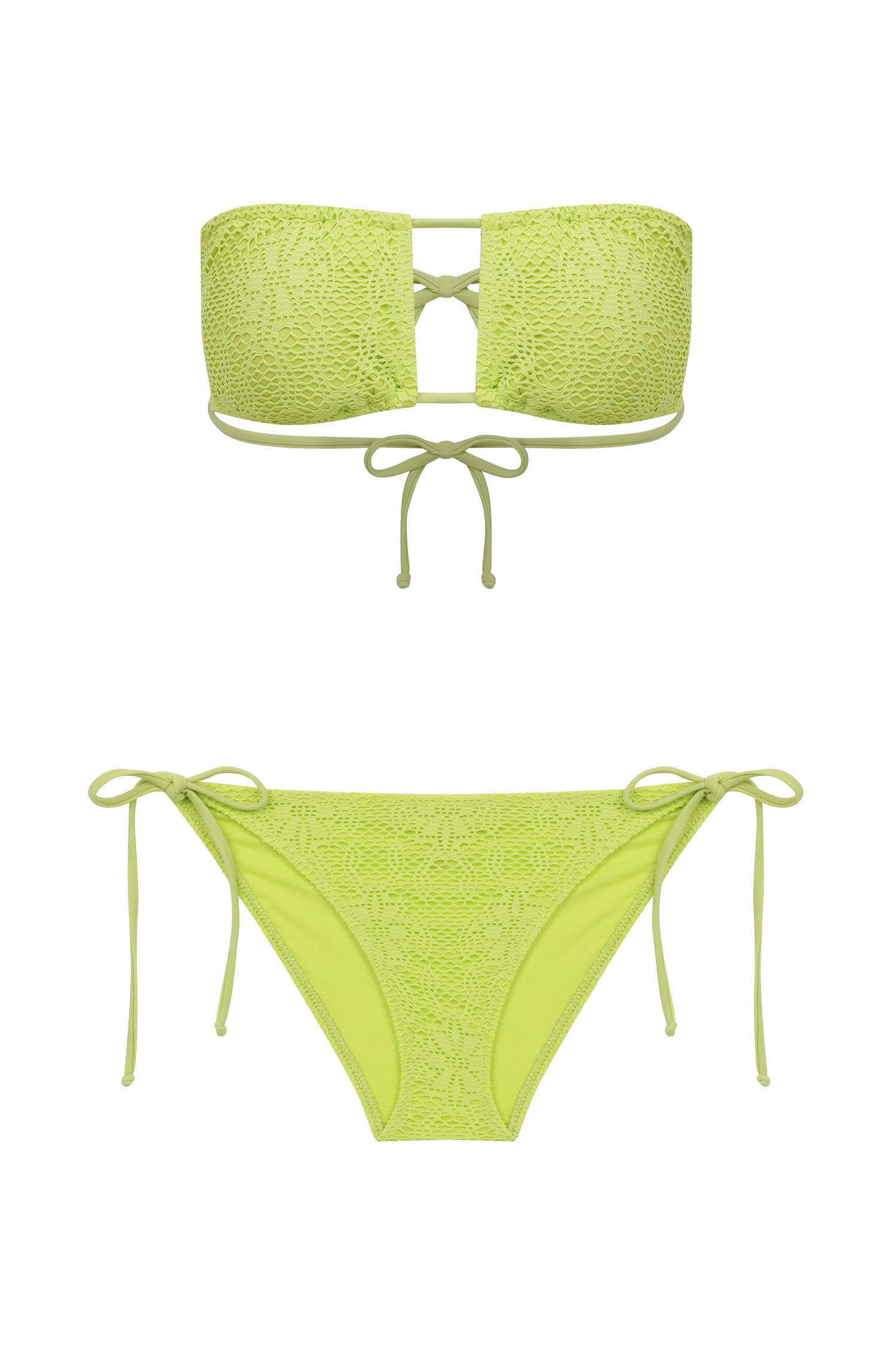 Straplez Neon Yeşil File Halter Bikini Takım