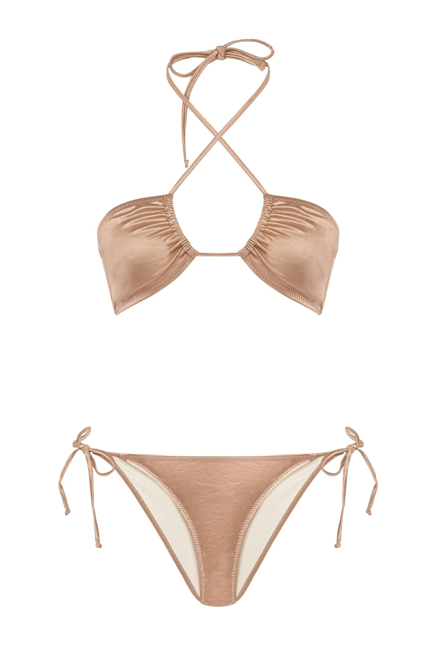 Straplez Saten Bej Halter Bikini Takım