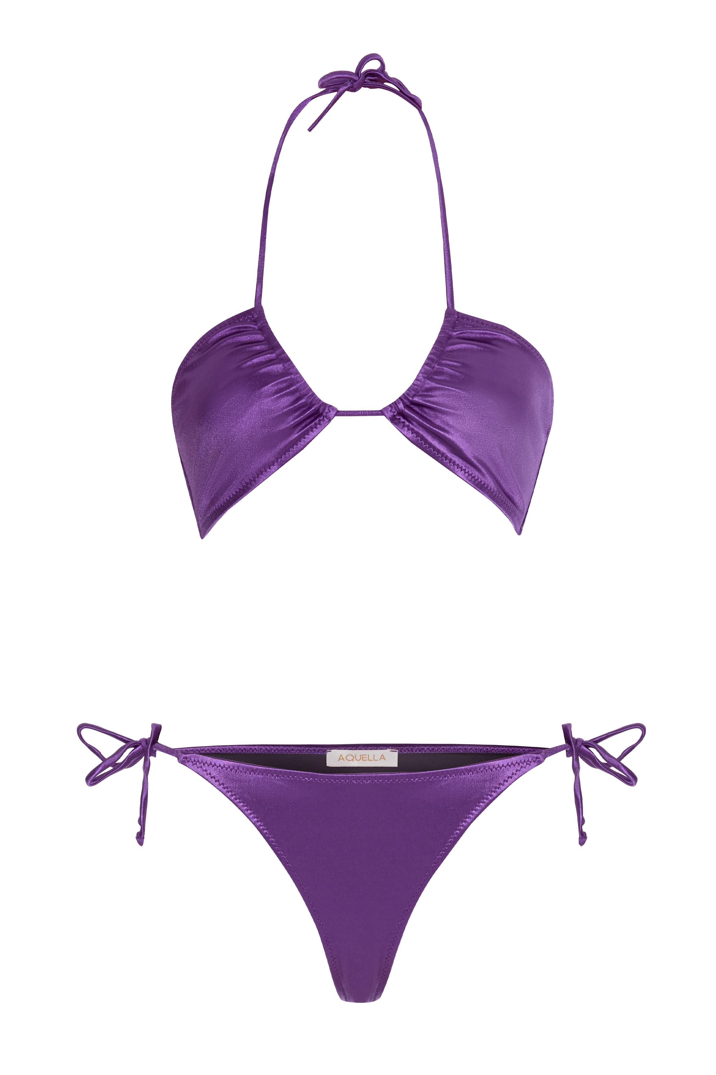 Straplez Saten Mor Halter Bikini Takım
