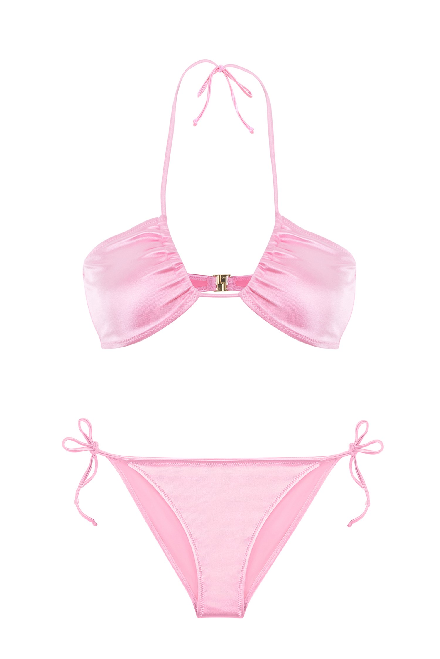 Straplez Saten Pembe Halter Bikini Takım