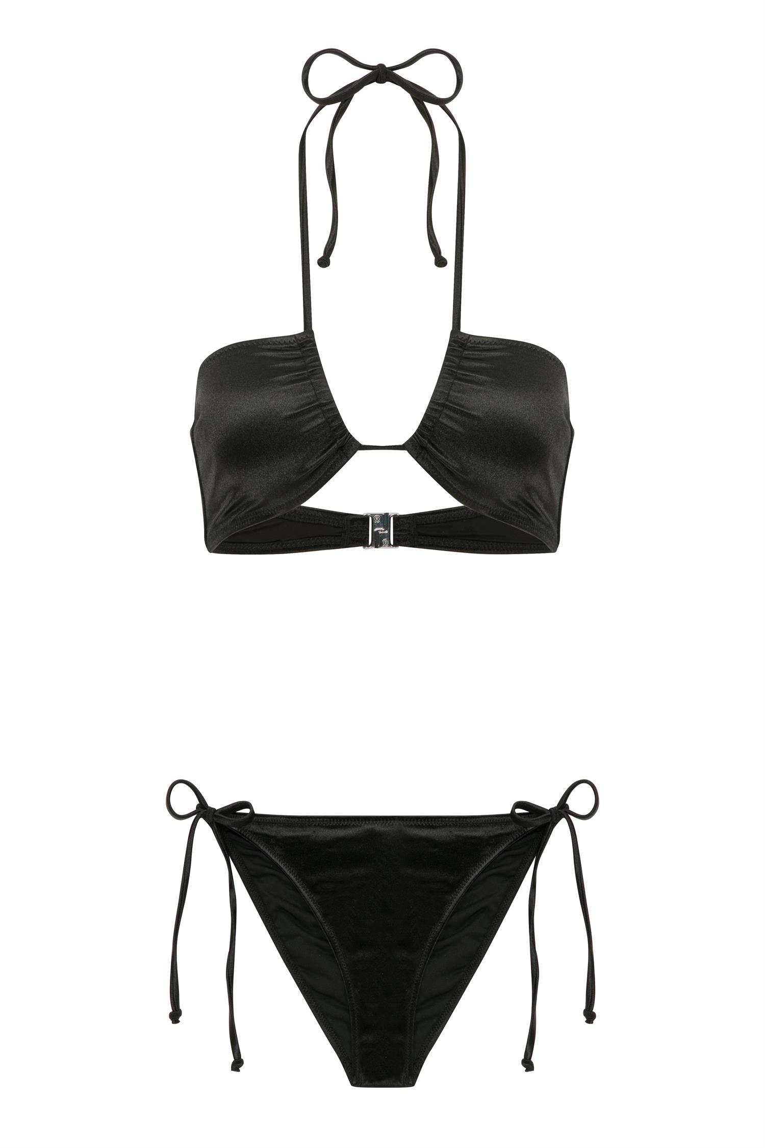 Straplez Saten Siyah Halter Bikini Takım
