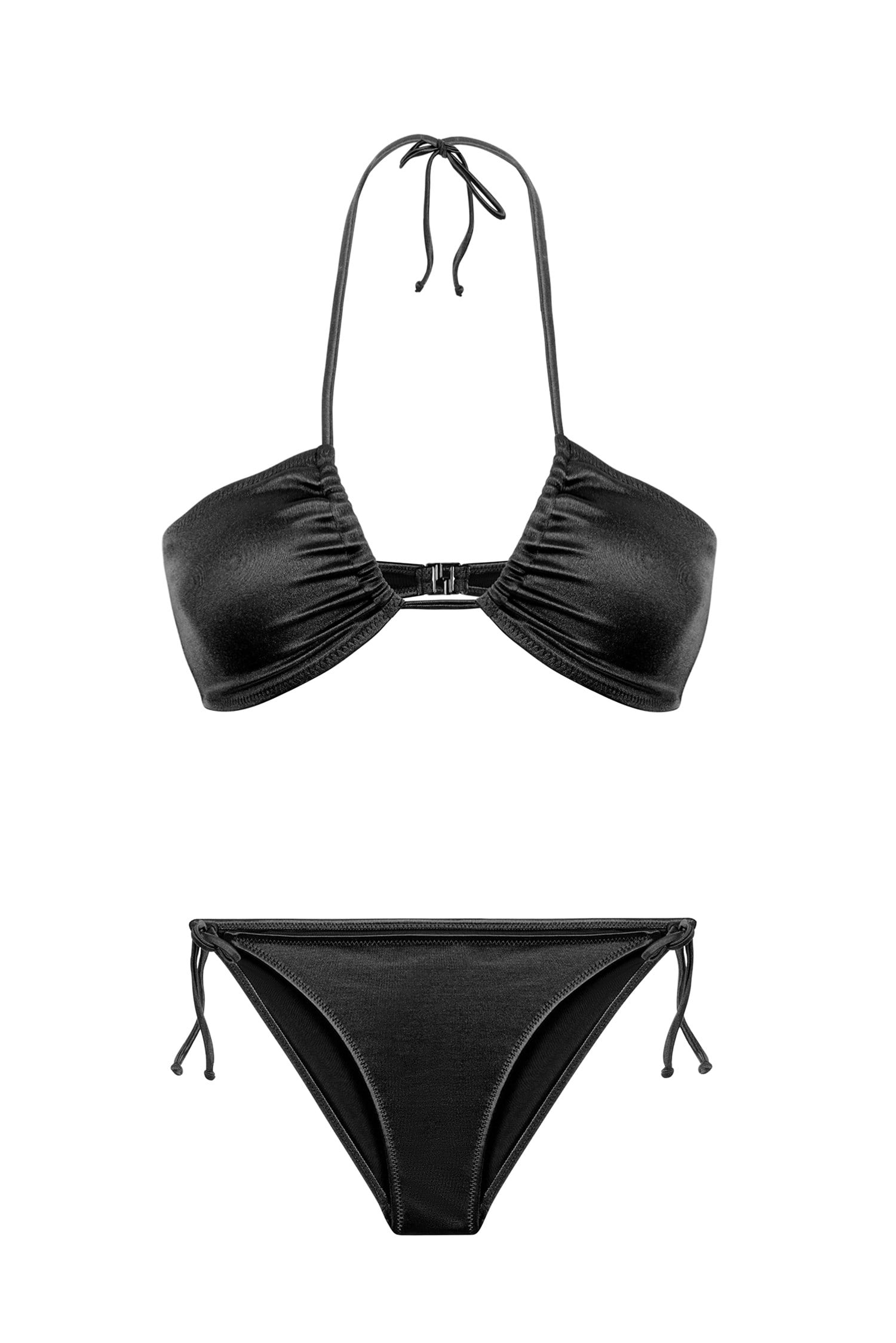 Straplez Saten Siyah Halter Bikini Takım