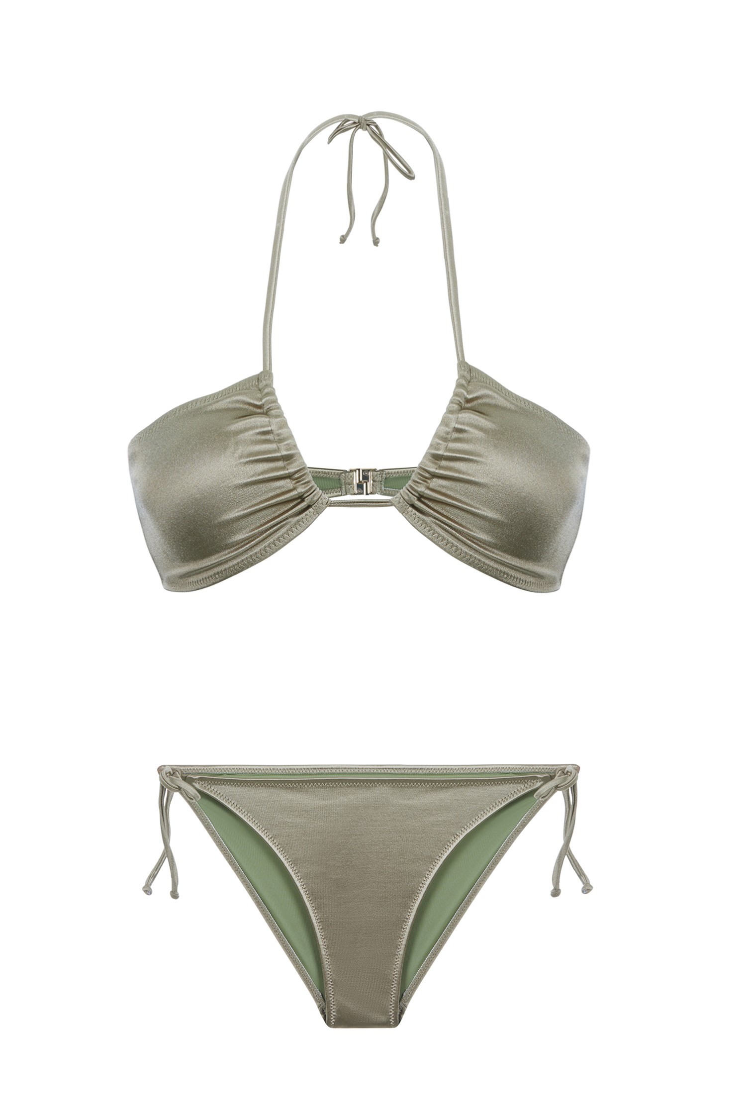 Straplez Saten Yağ Yeşili Halter Bikini Takım