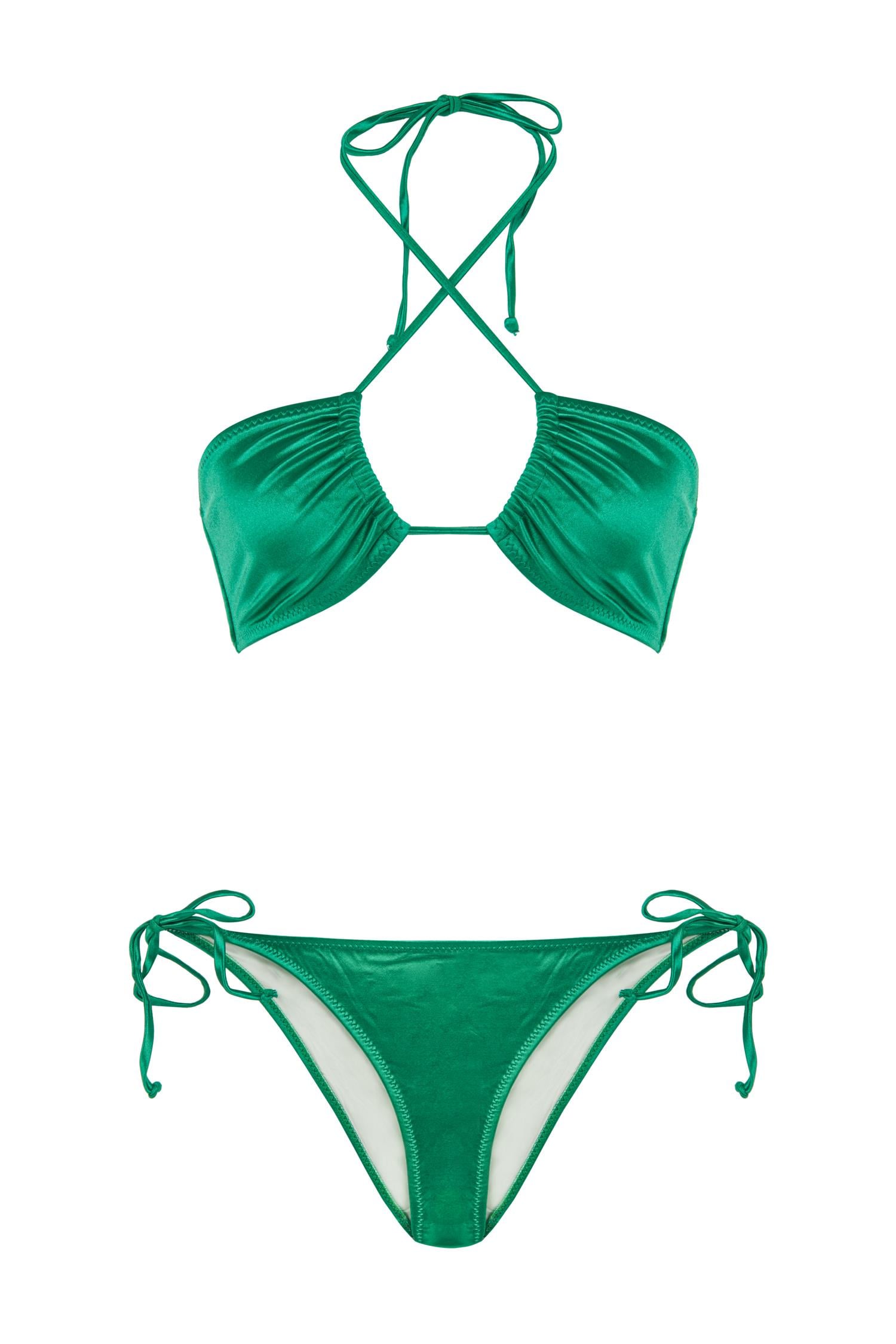 Straplez Saten Yeşil Halter Bikini Takım