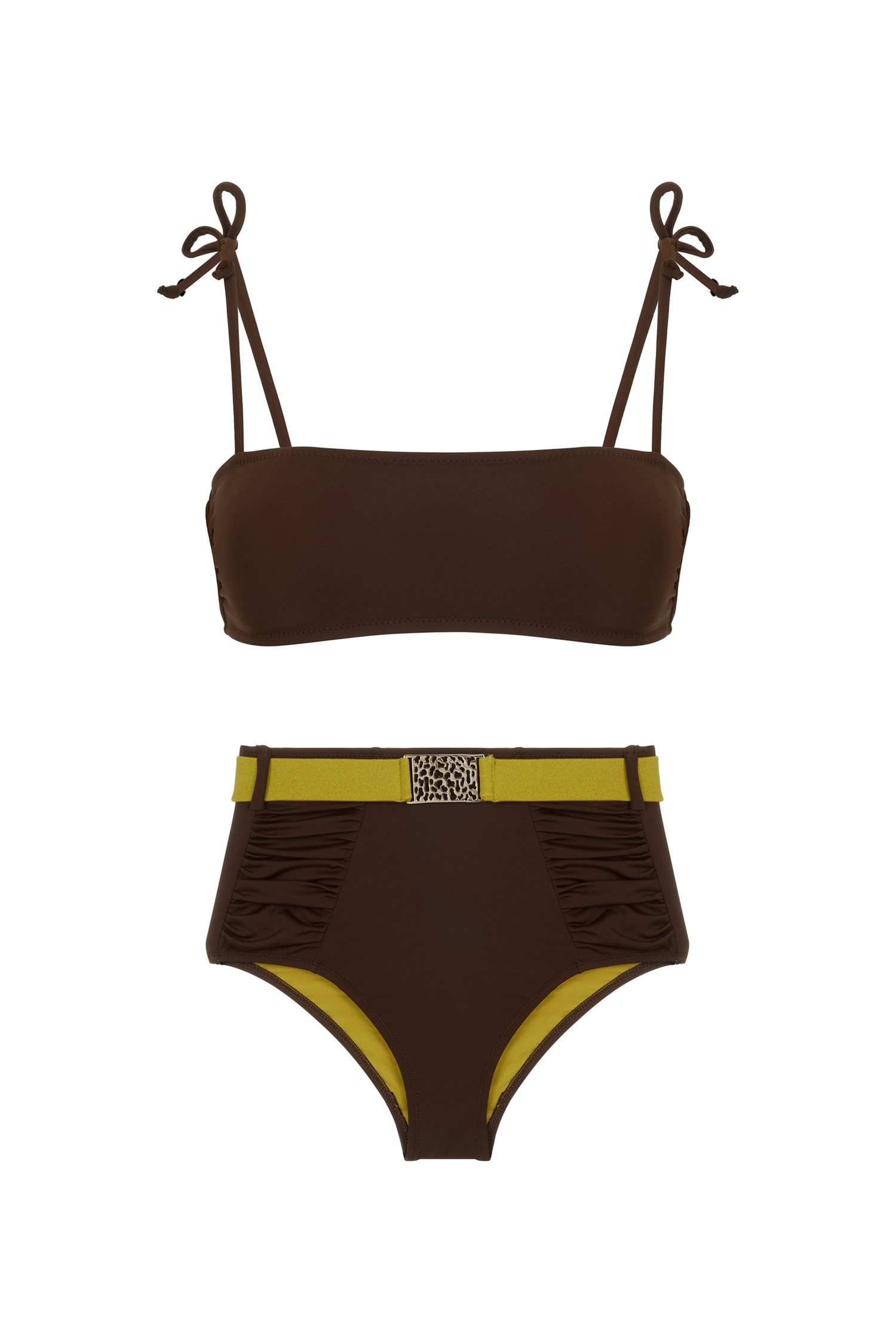 Straplez Yüksek Bel Kahve Bikini Takım