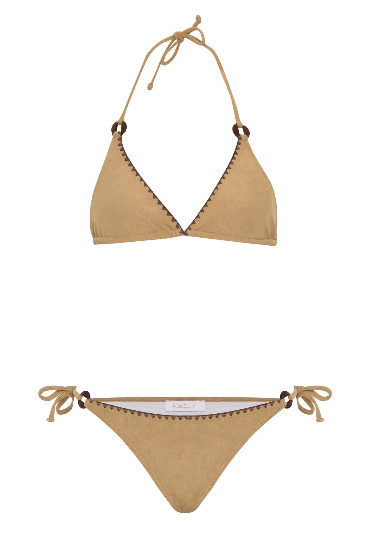Süet Dokulu Camel Üçgen Bikini Takım