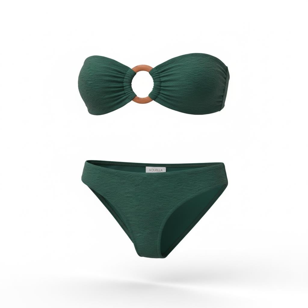 Toka Aksesuarlı Dokulu Koyu Yeşil Bikini Takım