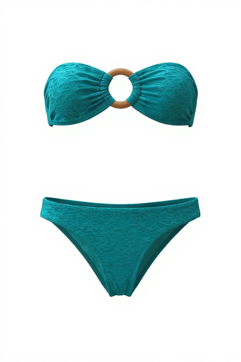 Toka Aksesuarlı Dokulu Mavi Bikini Takım