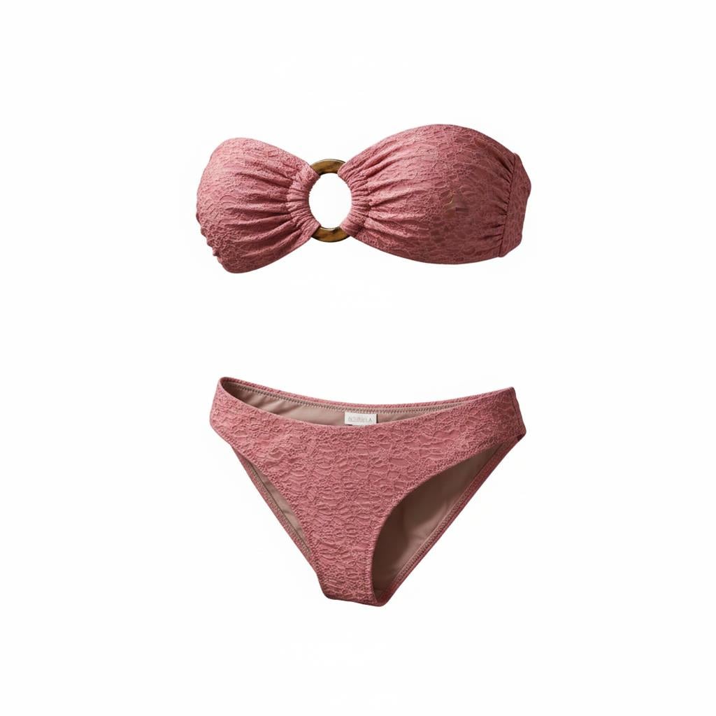 Toka Aksesuarlı Dokulu Pembe Bikini Takım