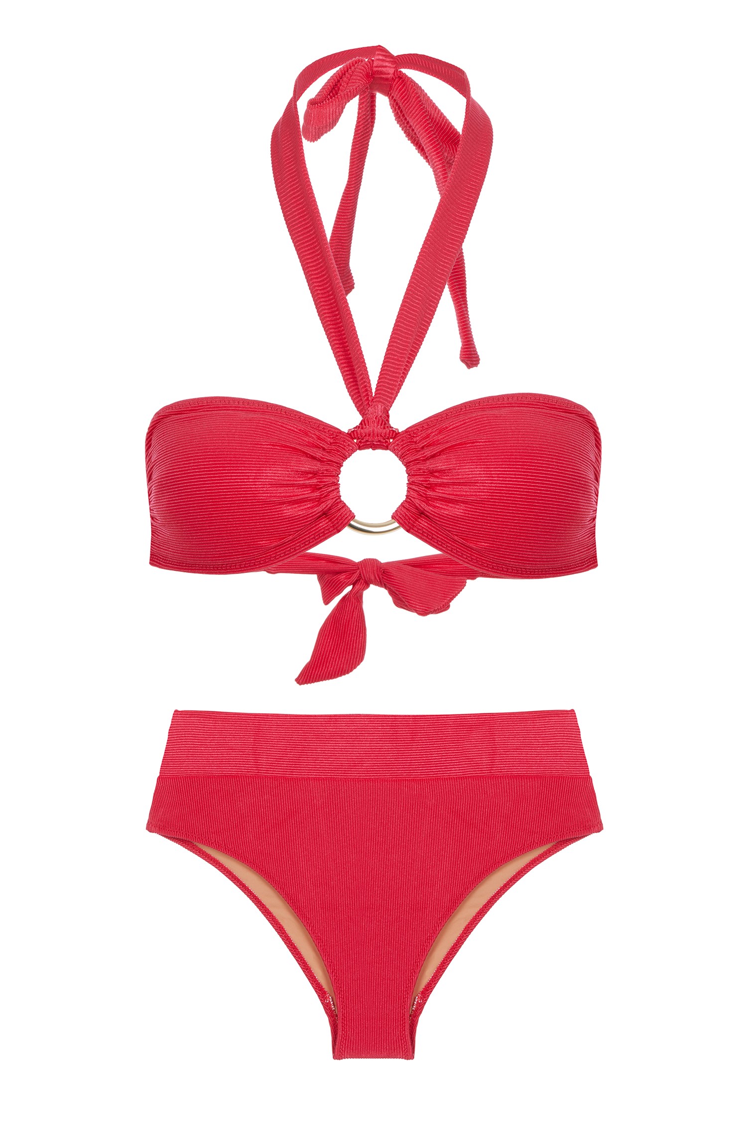 Tokalı Kırmızı Dokulu Straplez Bikini Takım