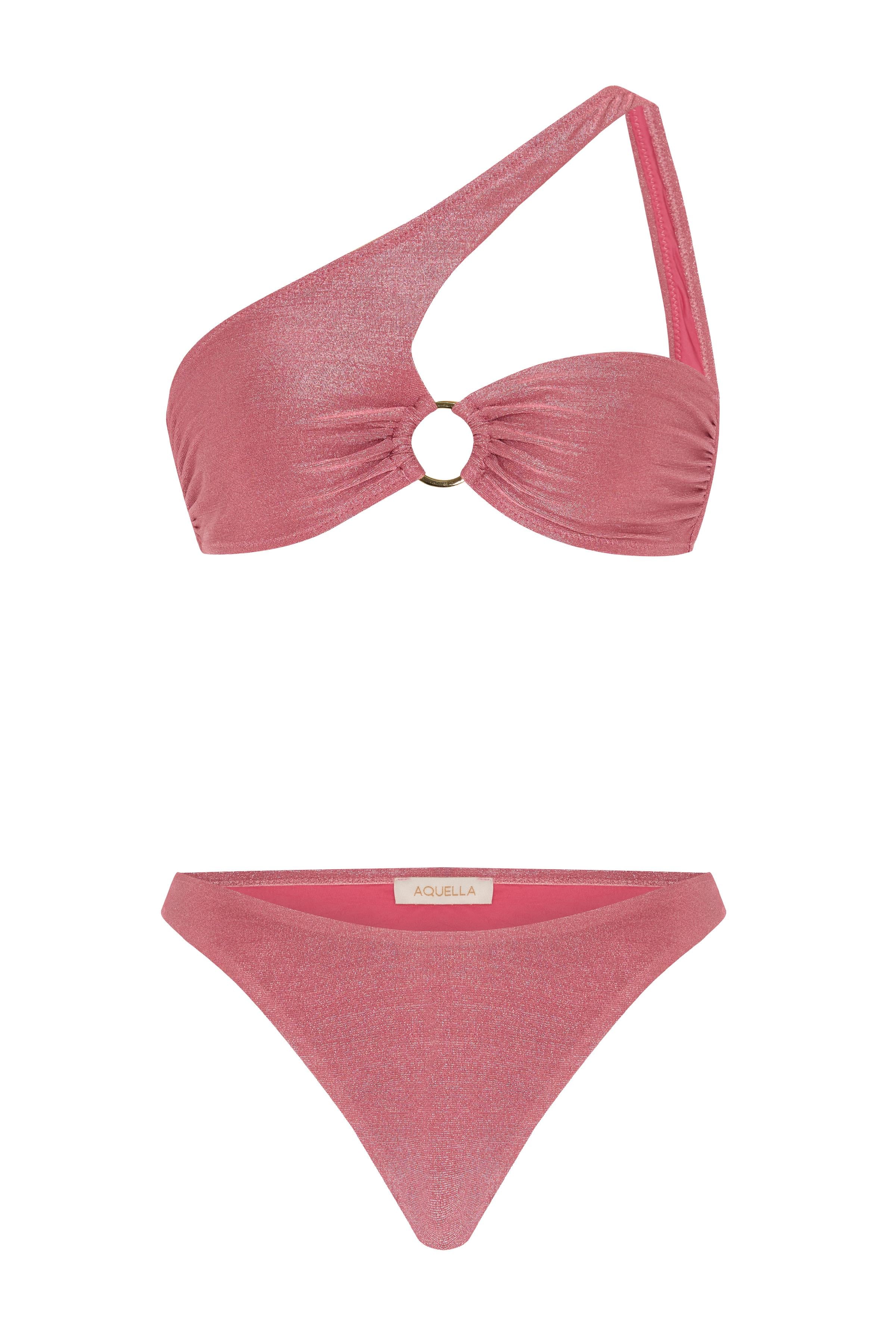 Tokalı Lurex Tek Omuz Pembe Bikini