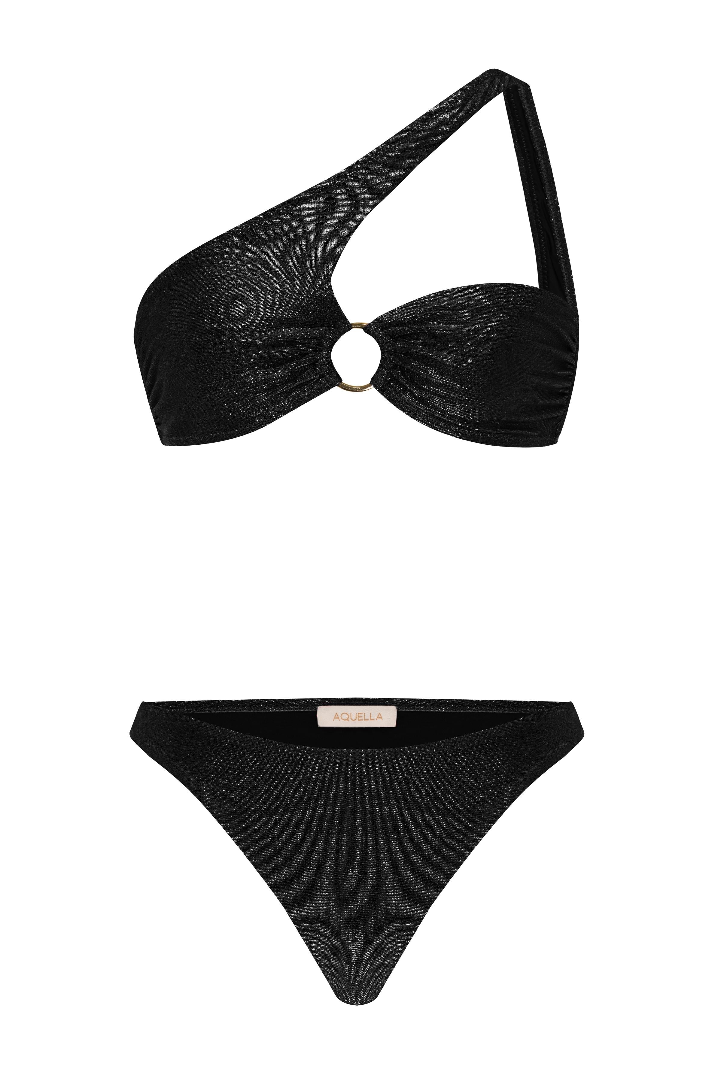 Tokalı Lurex Tek Omuz Siyah Bikini