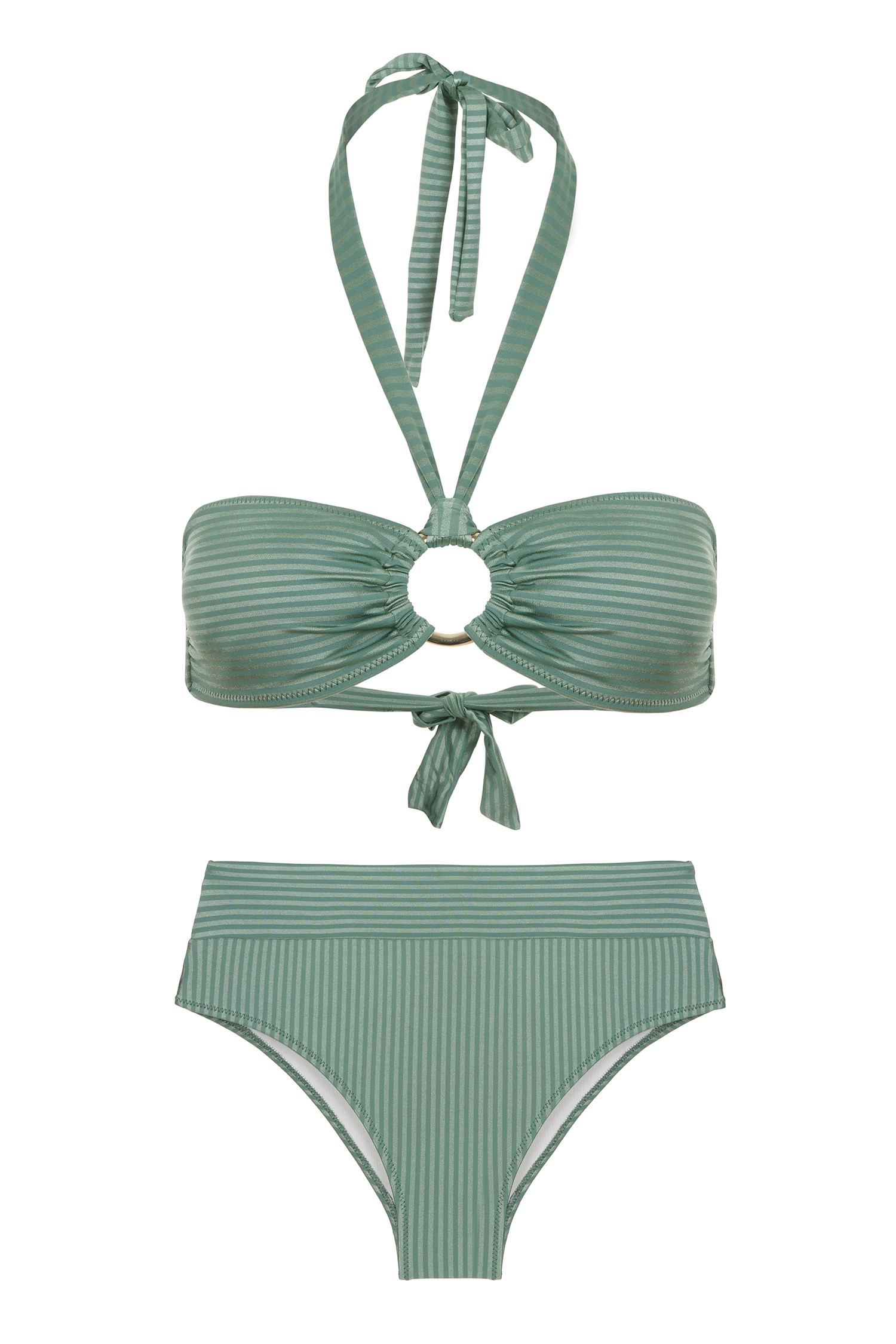 Tokalı Yeşil Çizgili Straplez Bikini Takım