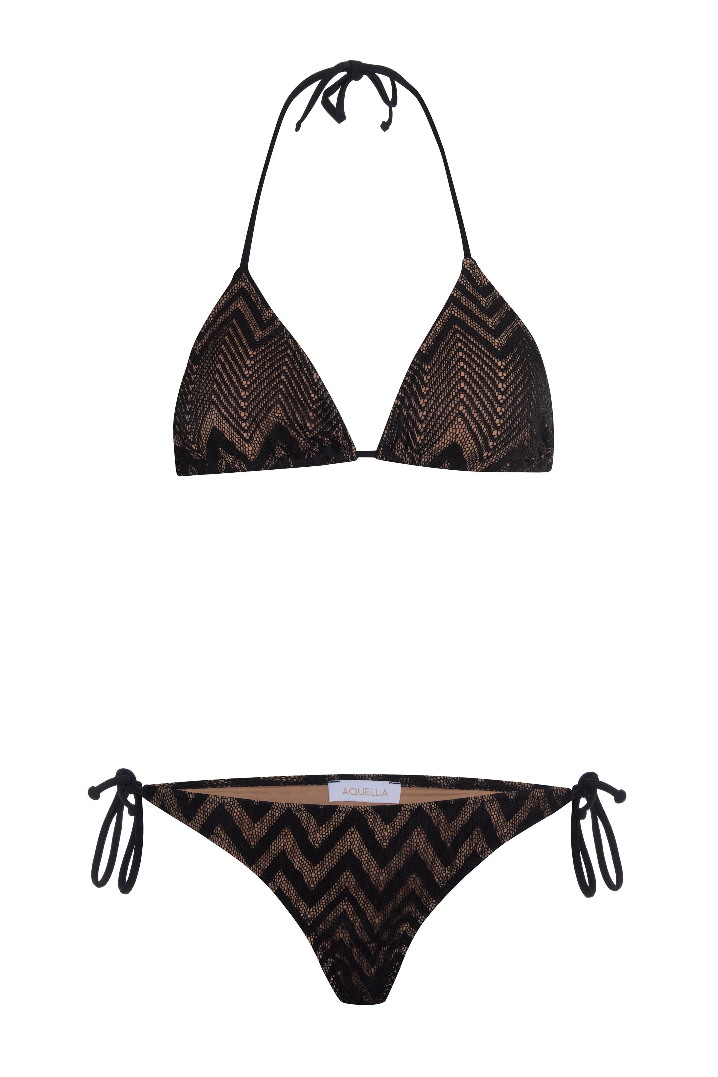 Triko Dokulu Siyah Üçgen Bikini Takım