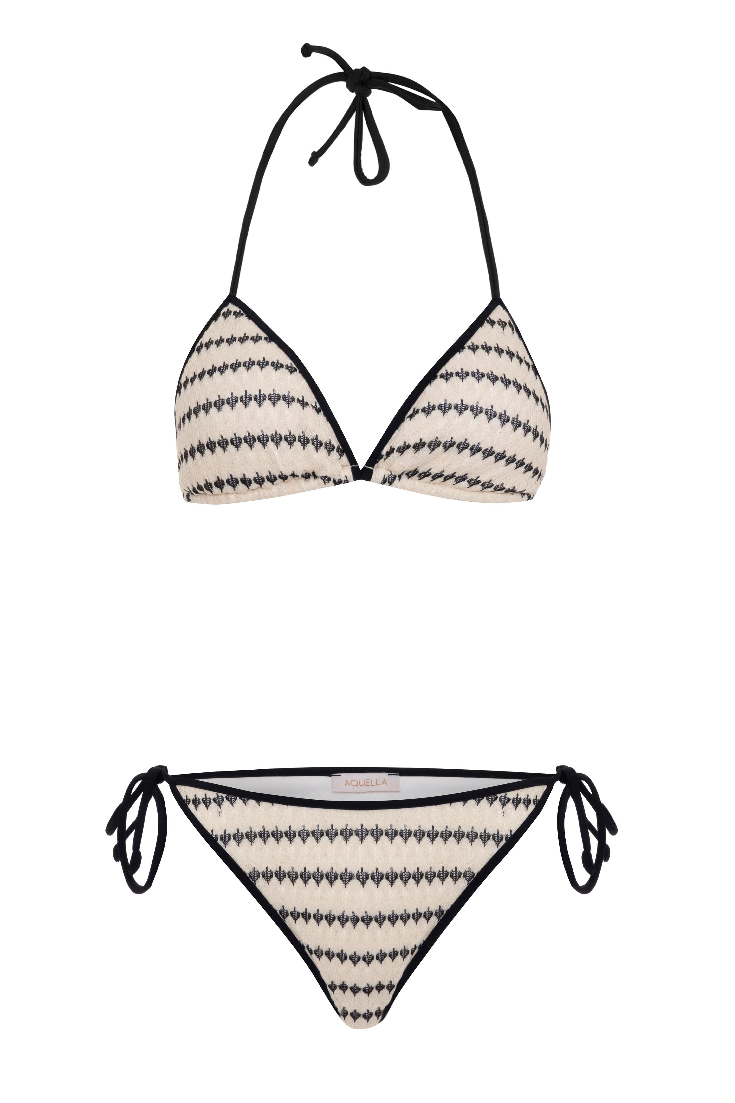 Triko İşlemeli Ekru Üçgen Bikini Takım