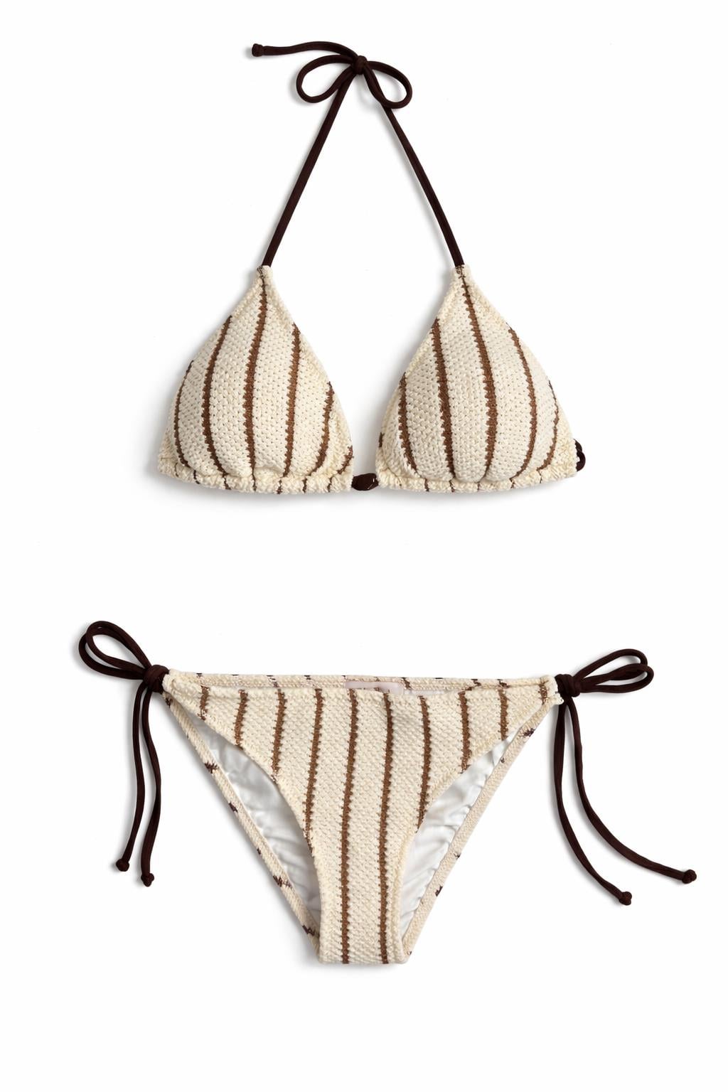 Triko Kahverengi Çizgili Ekru Üçgen Bikini Takım